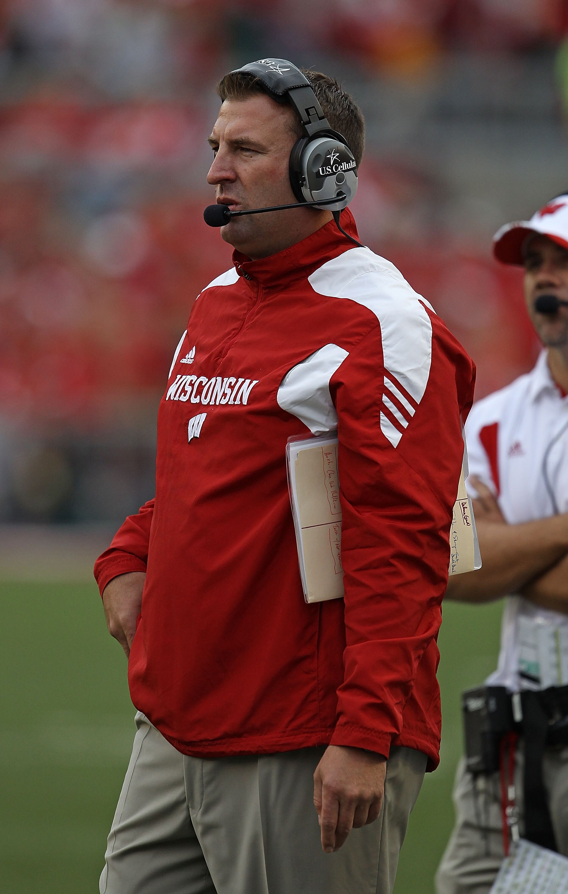 MADISON, WI - SEPTEMBER 18: Head coach Bret Bielema of the Wisconsin Badgers watches as his team takes on the Arizona State Sun Devils at Camp Randall Stadium on September 18, 2010 in Madison, Wisconsin. Wisconsin defeated Arizona State 20-19.  (Photo by