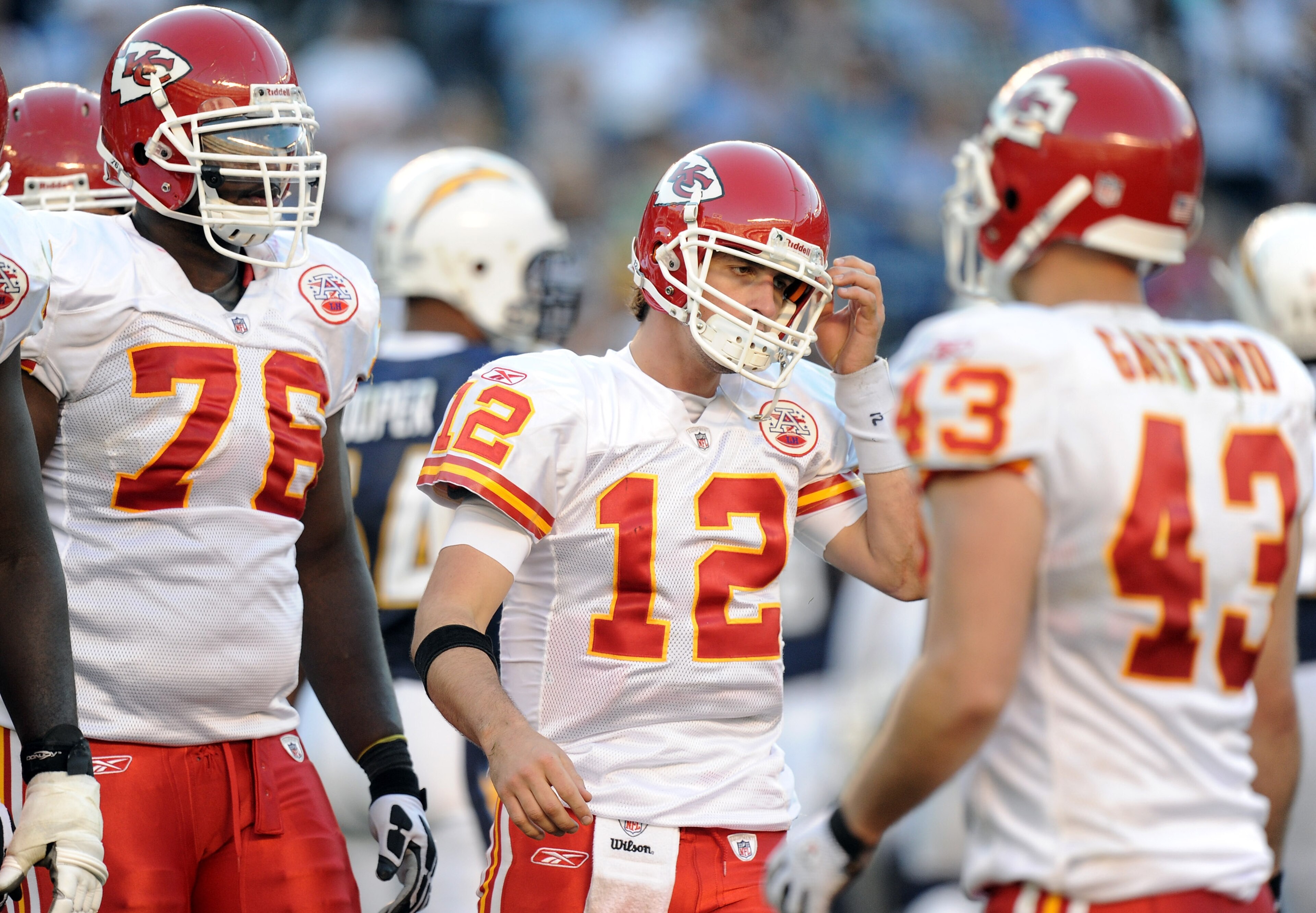 SAN DIEGO, CA - DECEMBER 12:  Brodie Croyle #12 and Branden Albert #76 of the Kansas City Chiefs react after a failed third down attempt against the San Diego Chargers during the fourth quarter at Qualcomm Stadium on December 12, 2010 in San Diego, Califo