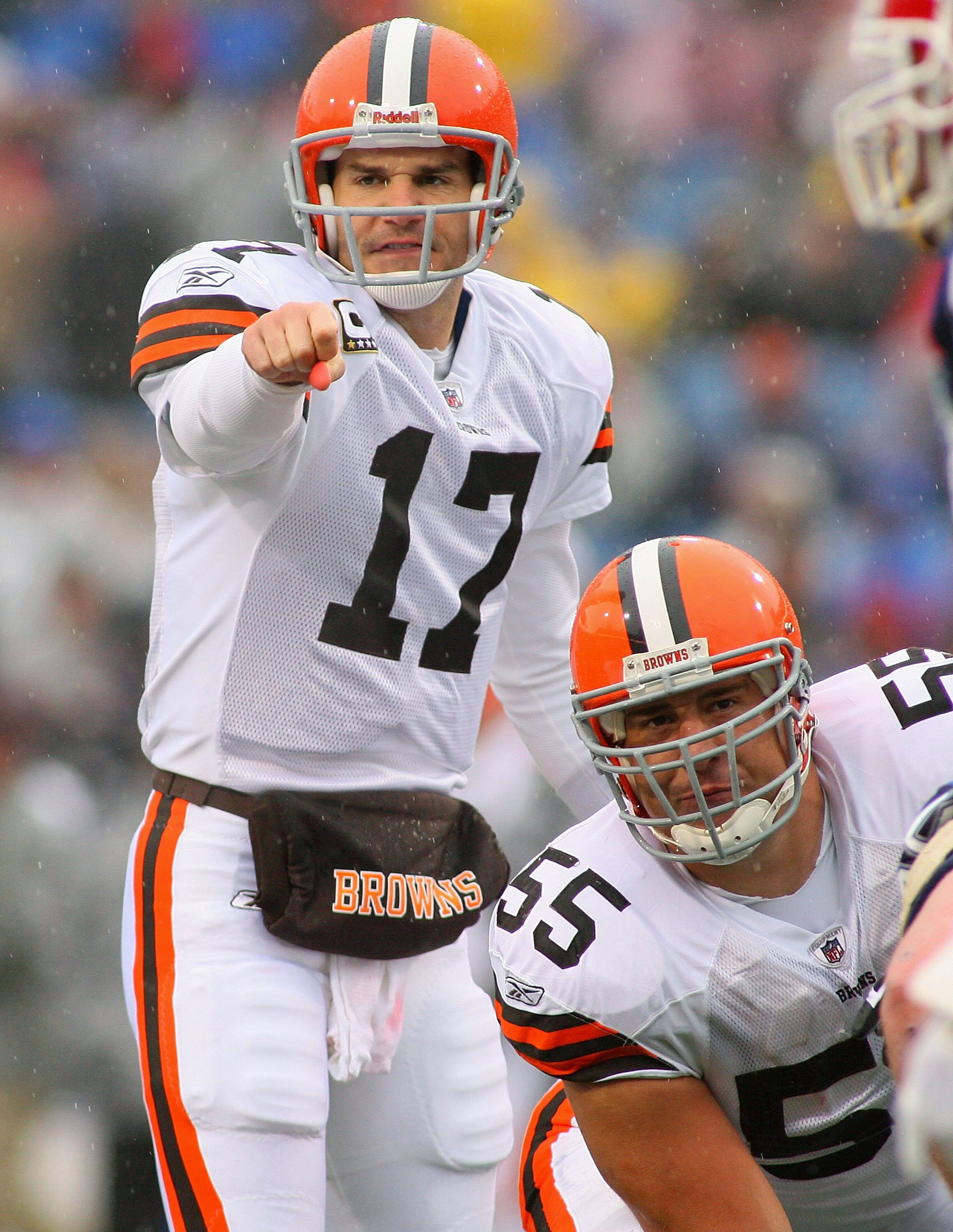 ORCHARD PARK, NY - DECEMBER 12:  Jake Delhomme #17 and Alex Mack #55 of the Cleveland Browns call signals against the Buffalo Bills  at Ralph Wilson Stadium on December 12, 2010 in Orchard Park, New York.  (Photo by Rick Stewart/Getty Images)