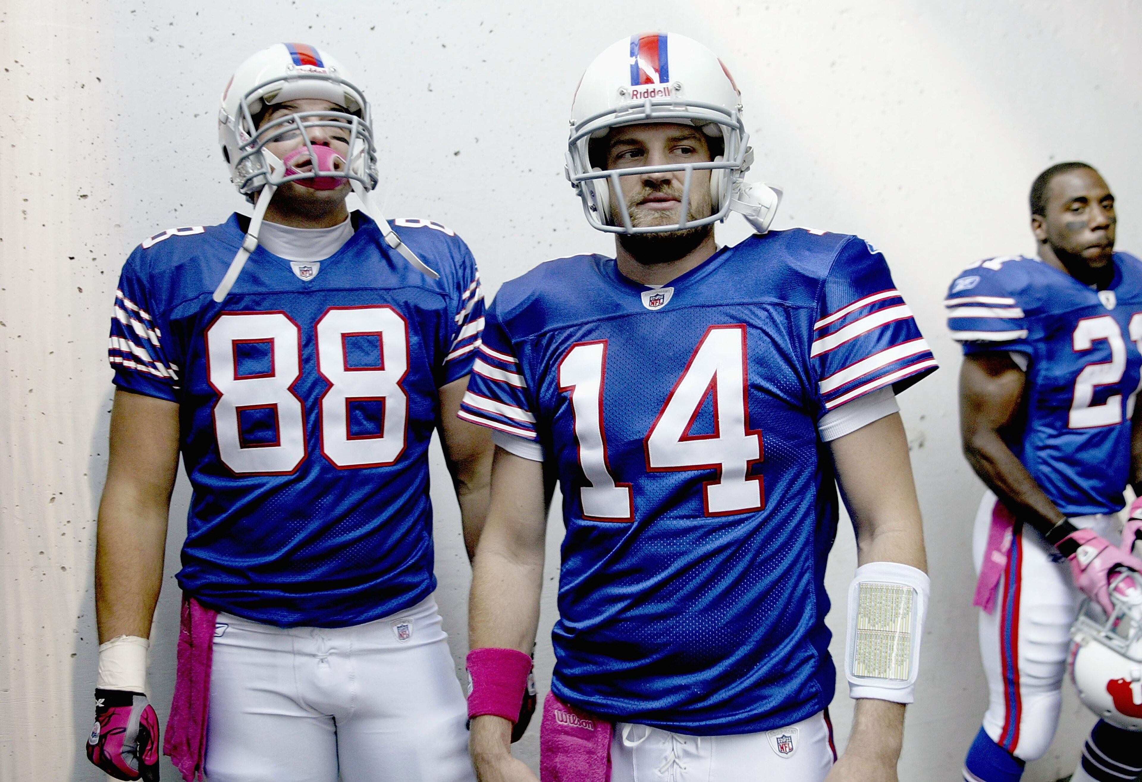 ORCHARD PARK, NY - OCTOBER 03: Jonathan Stupar #88, Ryan Fitzpatrick #14 and CJ Spiller #21  of the Buffalo Bills wait to enter the field prior to playing the New York Jets   at Ralph Wilson Stadium on October 3, 2010 in Orchard Park, New York. The Jets w