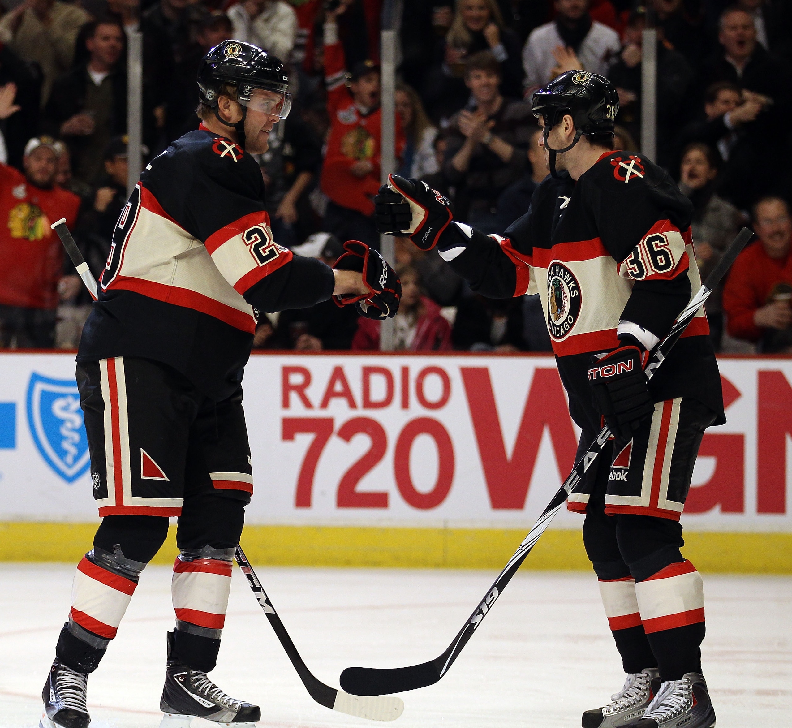 CHICAGO, IL - DECEMBER 08: Bryan Bickell #29 of the Chicago Blackhawks is congratulated by teammate Dave Bolland #36 after scoring a first period goal against the Dallas Stars at the United Center on December 8, 2010 in Chicago, Illinois. (Photo by Jonath