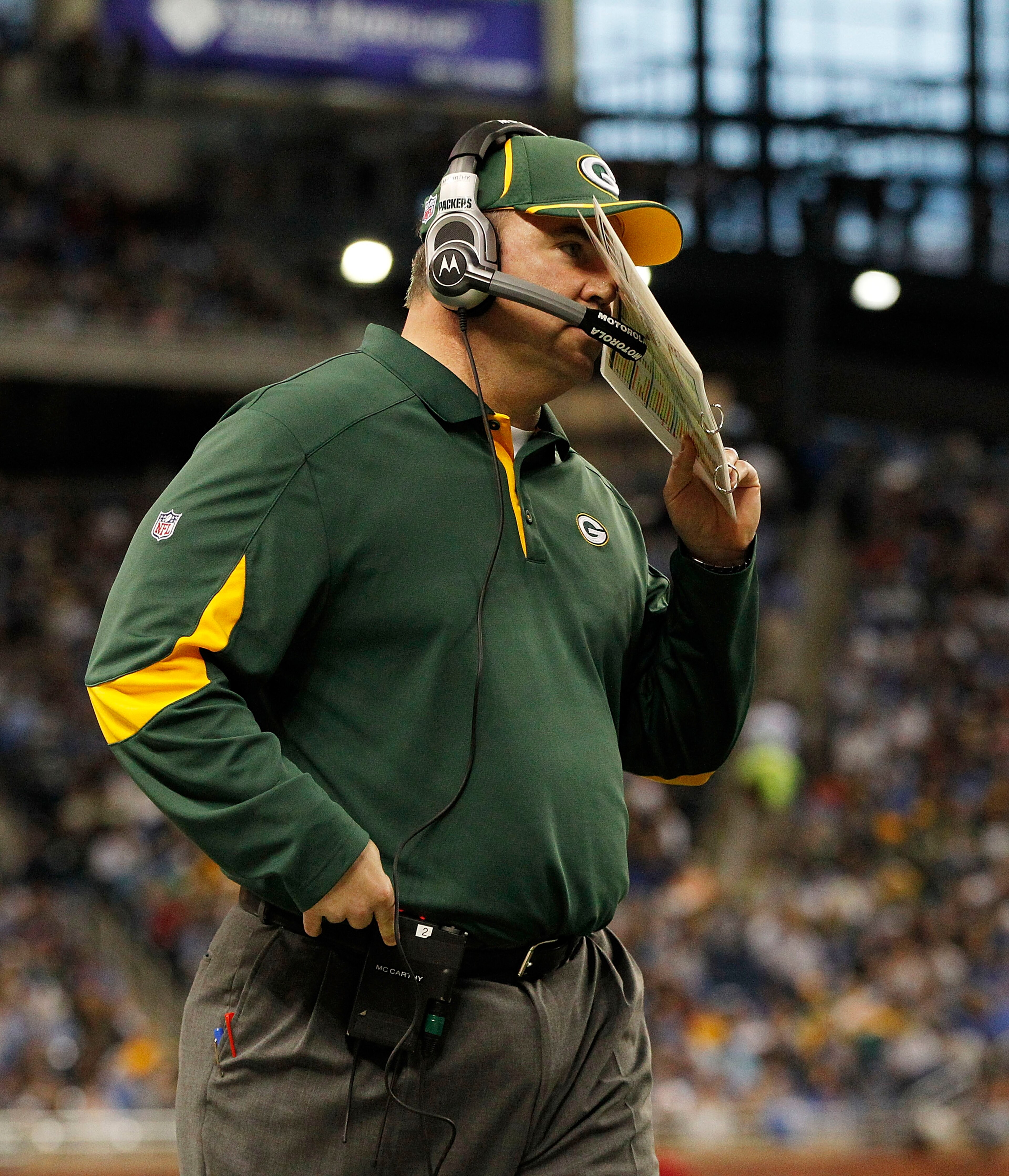 DETROIT - DECEMBER 12:  Green Bay Packers head coach Mike McCarthy reacts during the game against the Detroit Lions at Ford Field on December 12, 2010 in Detroit, Michigan. The Lions defeated the Packers 7-3.  (Photo by Leon Halip/Getty Images)