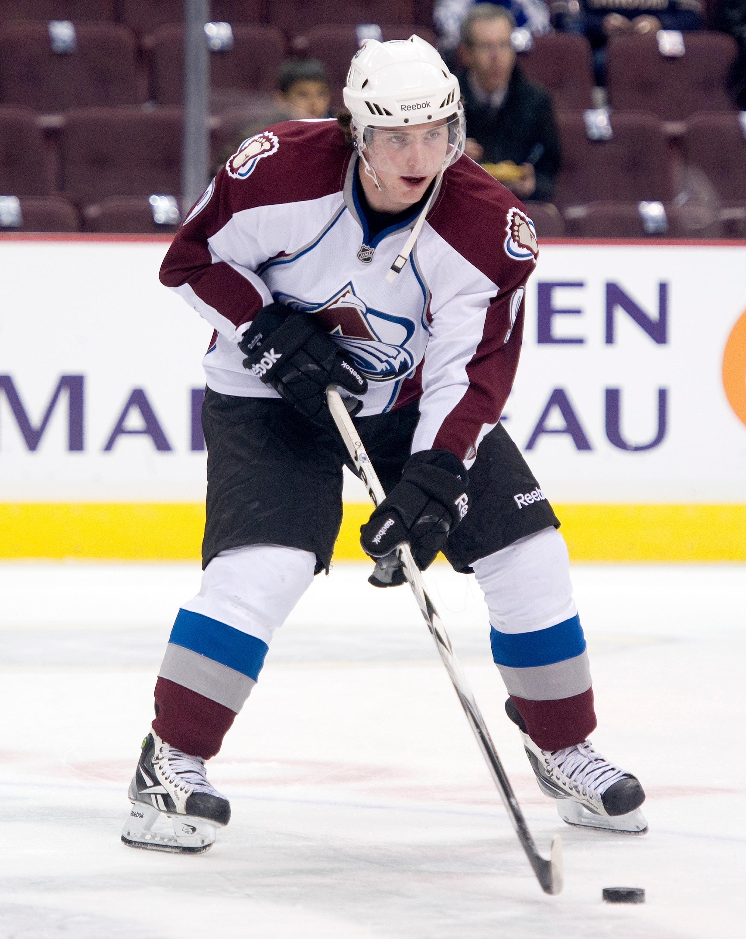 VANCOUVER, CANADA - NOVEMBER 24: Matt Duchene #9 of the Colorado Avalanche skates with the puck during the pre-game skate prior to NHL action against the Vancouver Canucks on November 24, 2010 at Rogers Arena in Vancouver, British Columbia, Canada.  (Phot