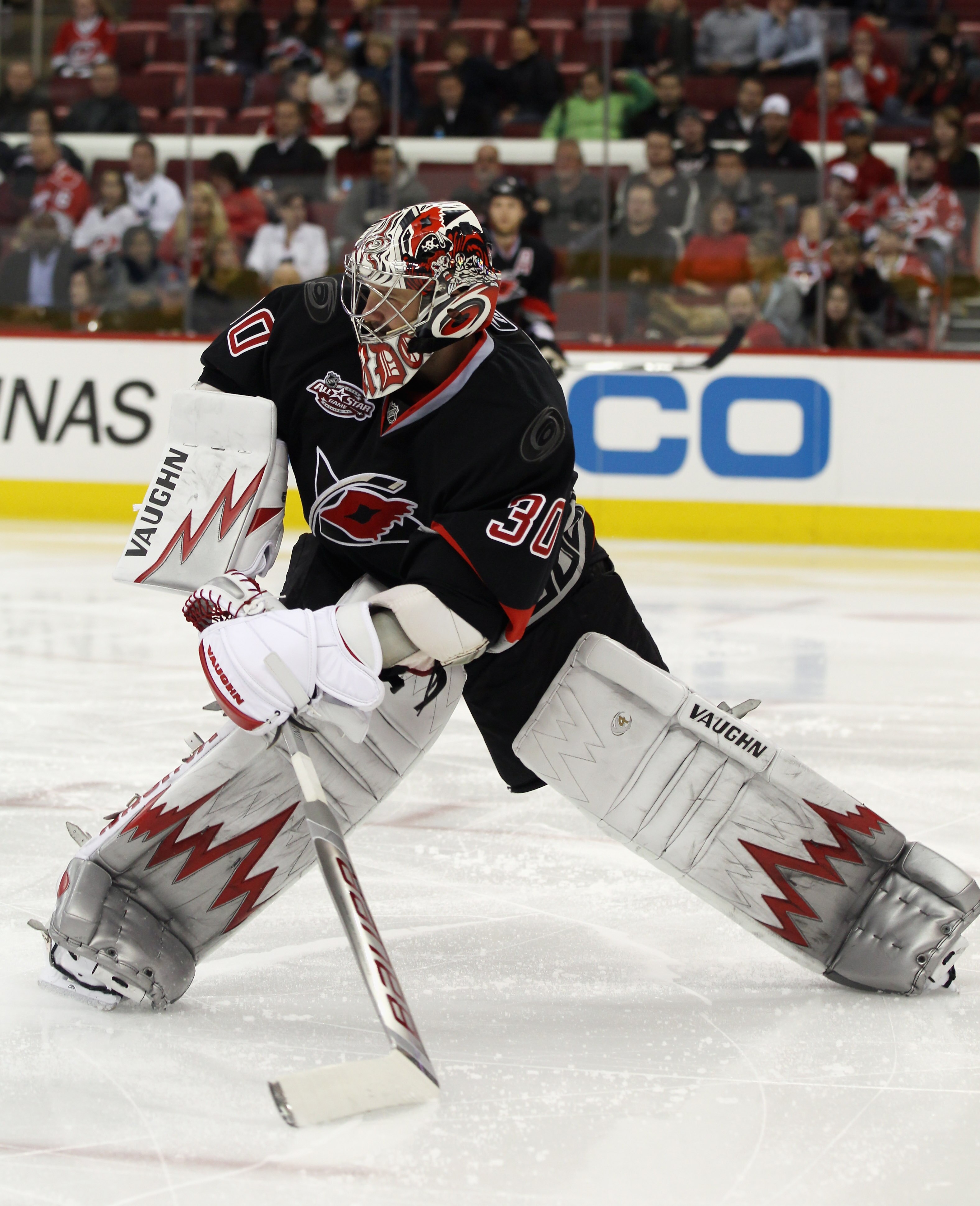 RALEIGH, NC - NOVEMBER 29: Cam Ward #30 of the Carolina Hurricanes skates against the Dallas Stars at the RBC Center on November 29, 2010 in Raleigh, North Carolina. The Stars defeated the Hurricanes 4-1.  (Photo by Bruce Bennett/Getty Images)