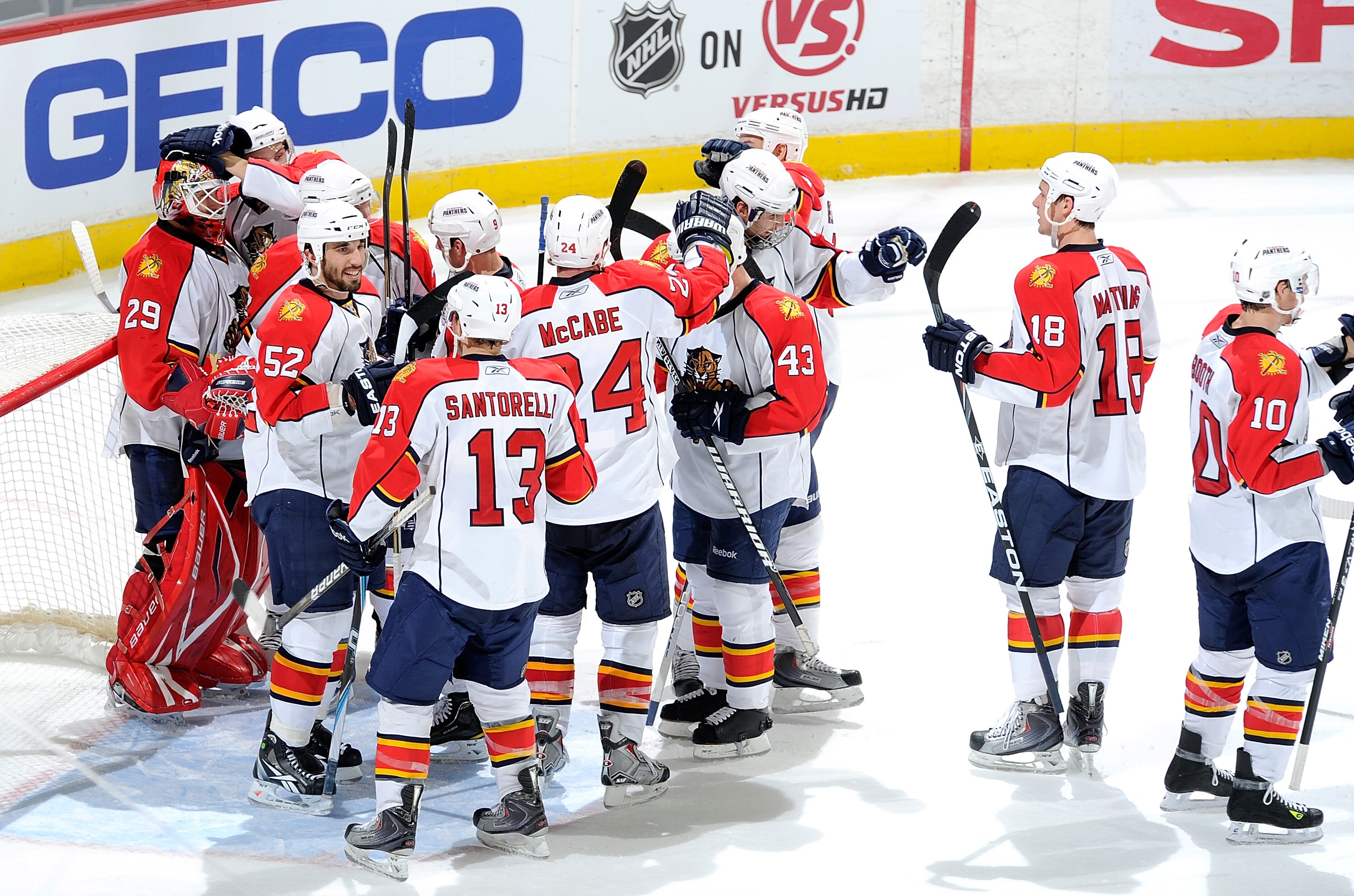 WASHINGTON, DC - DECEMBER 09:  Tomas Vokoun #29 of the Florida Panthers is congratulated by teammates after a 3-0 victory over the Washington Capitals at the Verizon Center on December 9, 2010 in Washington, DC.  (Photo by Greg Fiume/Getty Images)