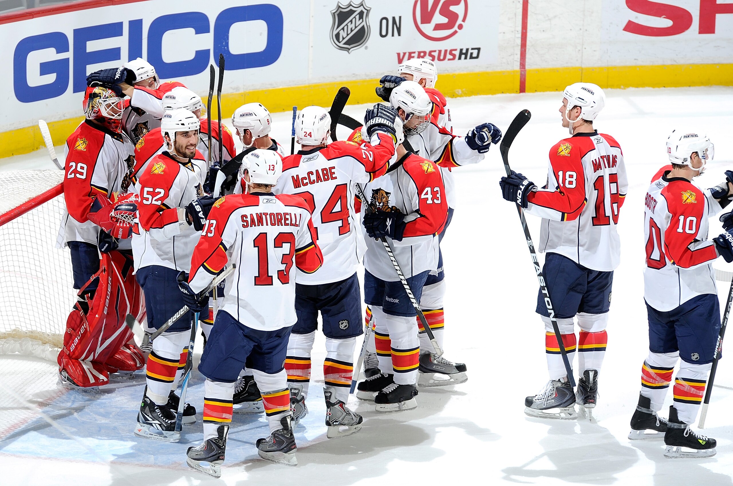 WASHINGTON, DC - DECEMBER 09:  Tomas Vokoun #29 of the Florida Panthers is congratulated by teammates after a 3-0 victory over the Washington Capitals at the Verizon Center on December 9, 2010 in Washington, DC.  (Photo by Greg Fiume/Getty Images)