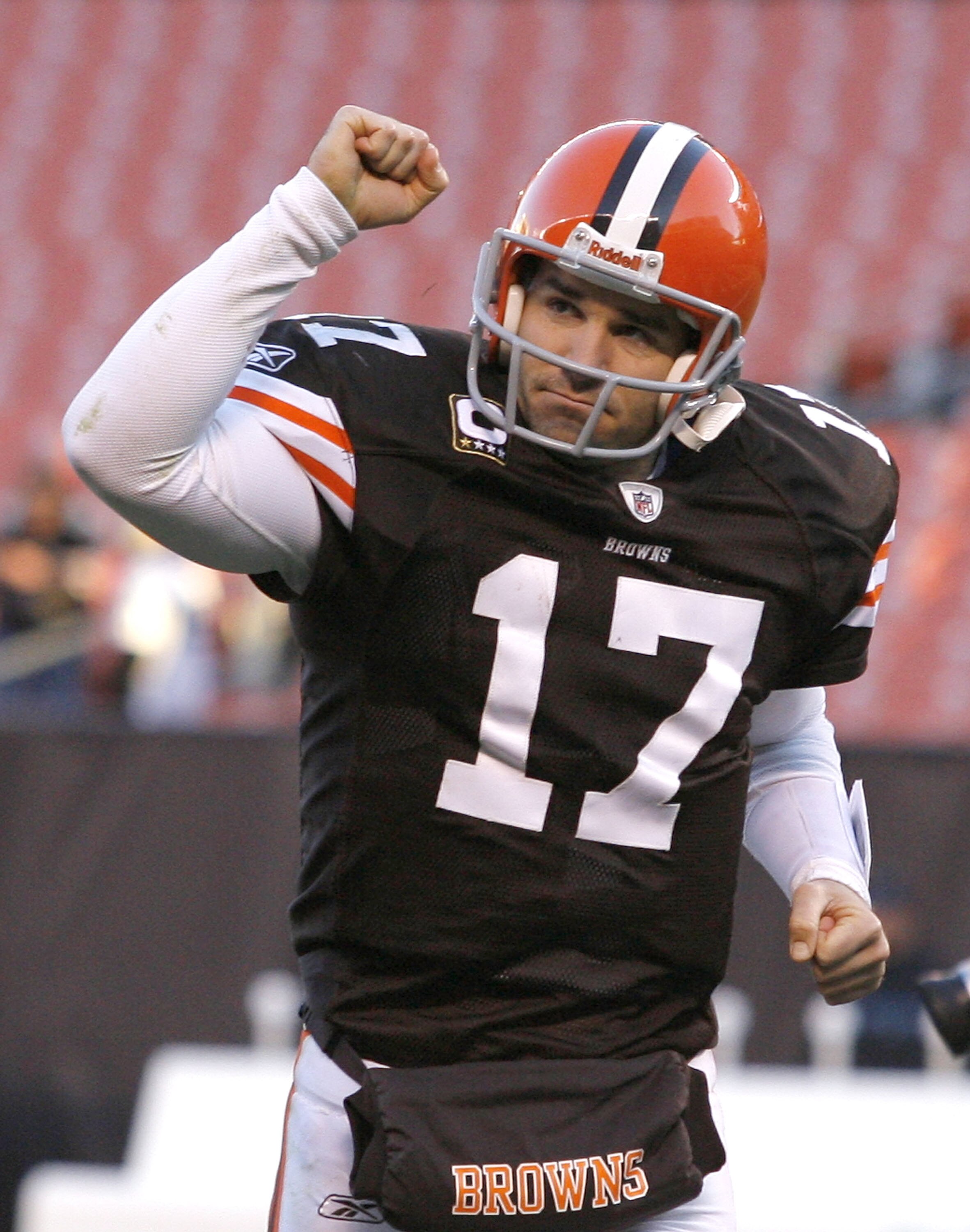 CLEVELAND - NOVEMBER 28:  Quarterback Jake Delhomme #17 of the Cleveland Browns celebrates after their game against the Carolina Panthers at Cleveland Browns Stadium on November 28, 2010 in Cleveland, Ohio.  (Photo by Matt Sullivan/Getty Images)