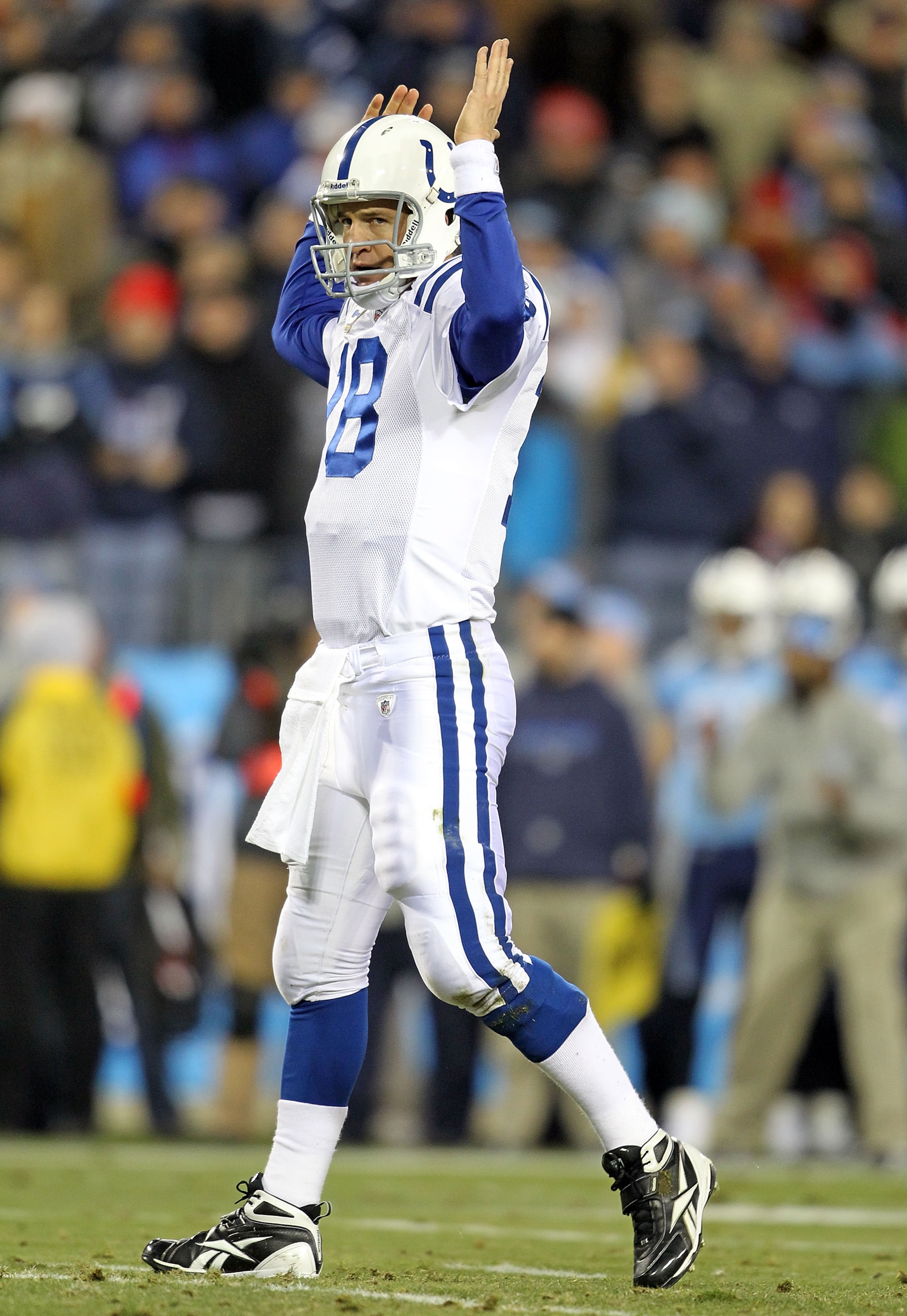 NASHVILLE, TN - DECEMBER 09:  Peyton Manning #18 of the Indianapolis Colts celebrates a touchdown during the NFL game against the Tennessee Titans  at LP Field on December 9, 2010 in Nashville, Tennessee.  (Photo by Andy Lyons/Getty Images)