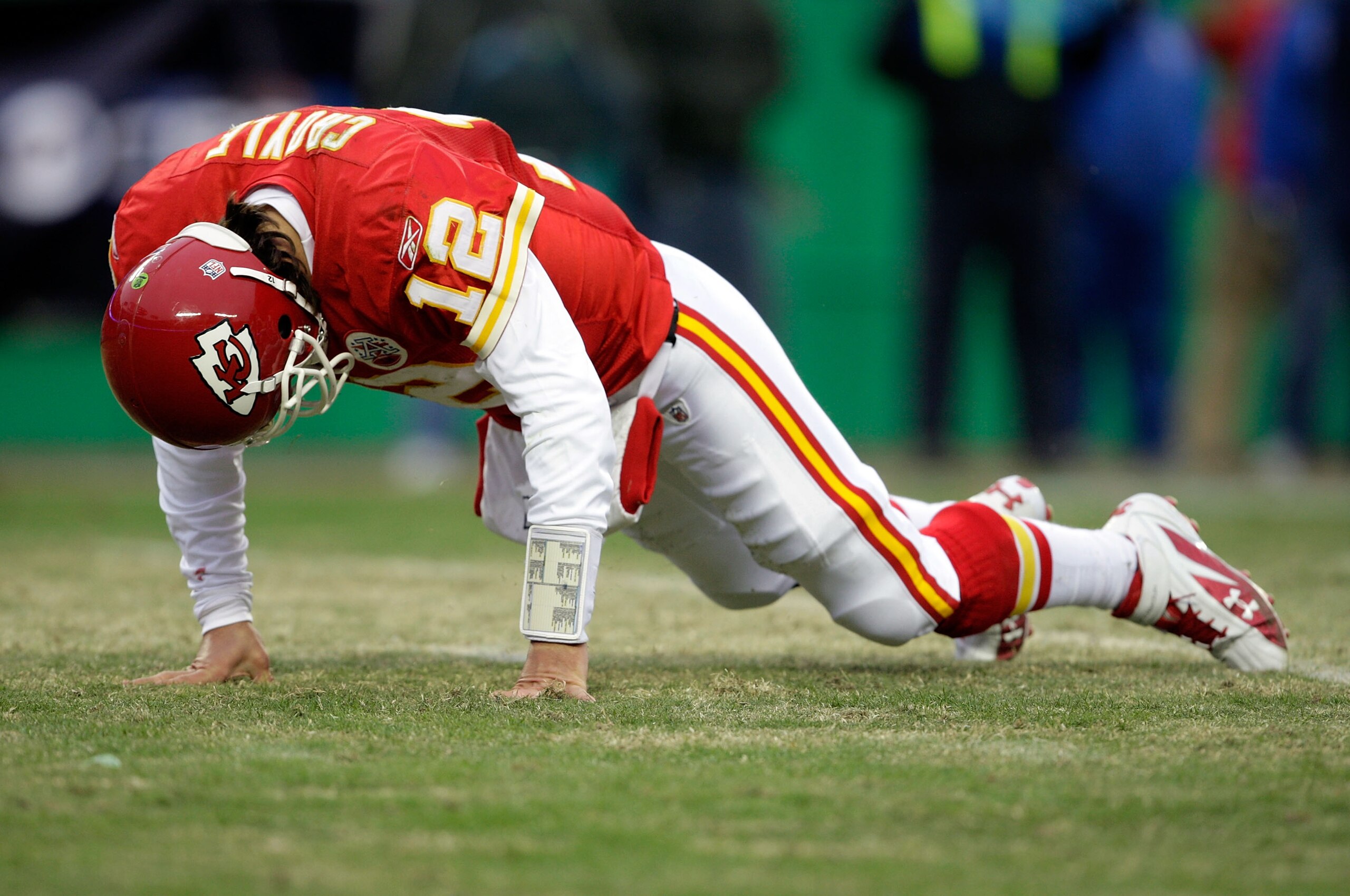 KANSAS CITY, MO - DECEMBER 06: Quarterback Brodie Croyle #12 of the Kansas City Chiefs is slow to get up after being hit during the game against the Denver Broncos on December 6, 2009 at Arrowhead Stadium in Kansas City, Missouri. (Photo by Jamie Squire KANSAS CITY, MO - DECEMBER 06: Quarterback Brodie Croyle #12 of the Kansas City Chiefs is slow to get up after being hit during the game against the Denver Broncos on December 6, 2009 at Arrowhead Stadium in Kansas City, Missouri. (Photo by Jamie Squire