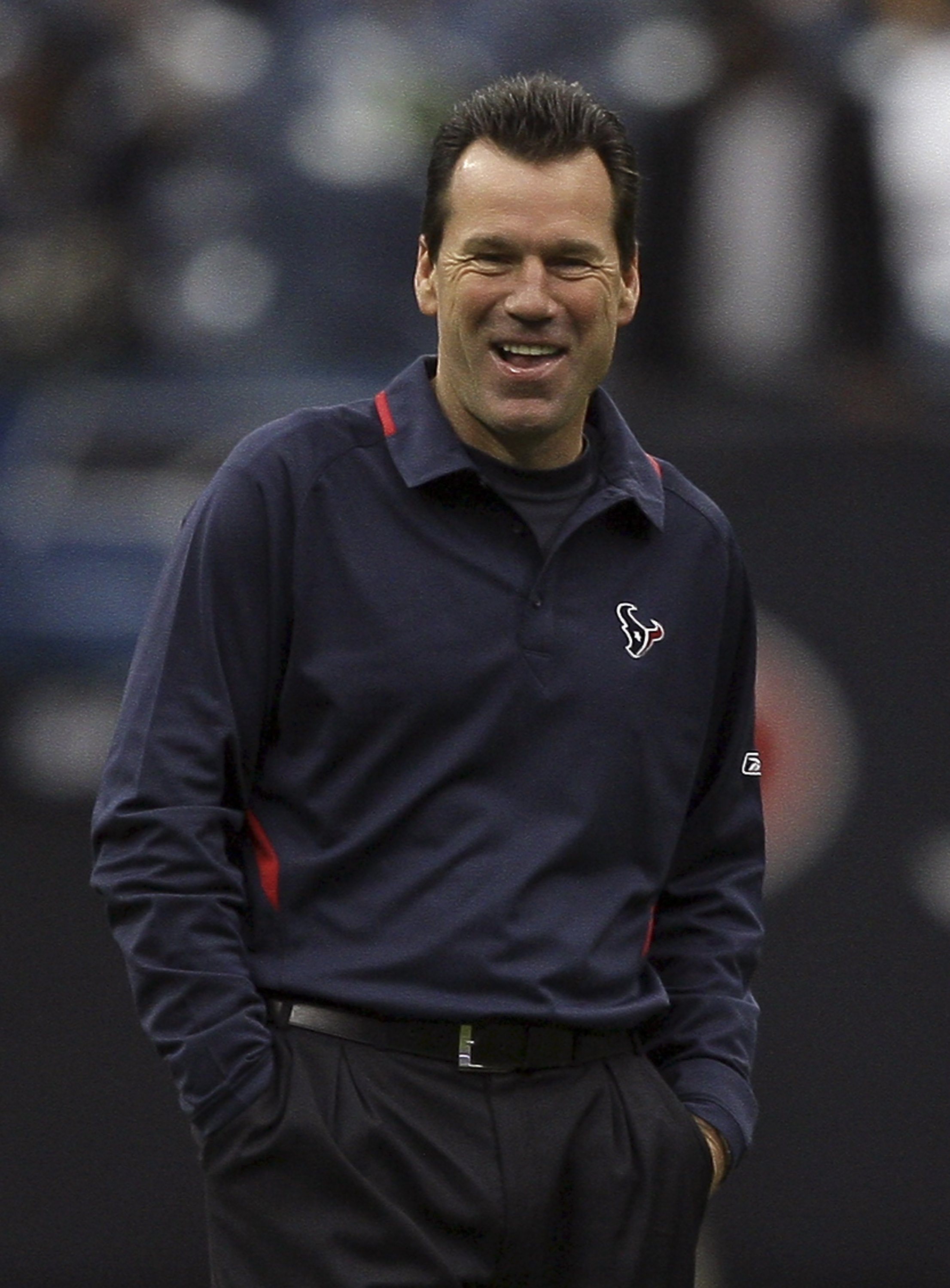 HOUSTON - DECEMBER 13:  Houston Texans head coach Gary Kubiak laughs during pre-game warm-ups before te game against the Seattle Seahawks at Reliant Stadium on December 13, 2009 in Houston, Texas.  (Photo by Bob Levey/Getty Images)