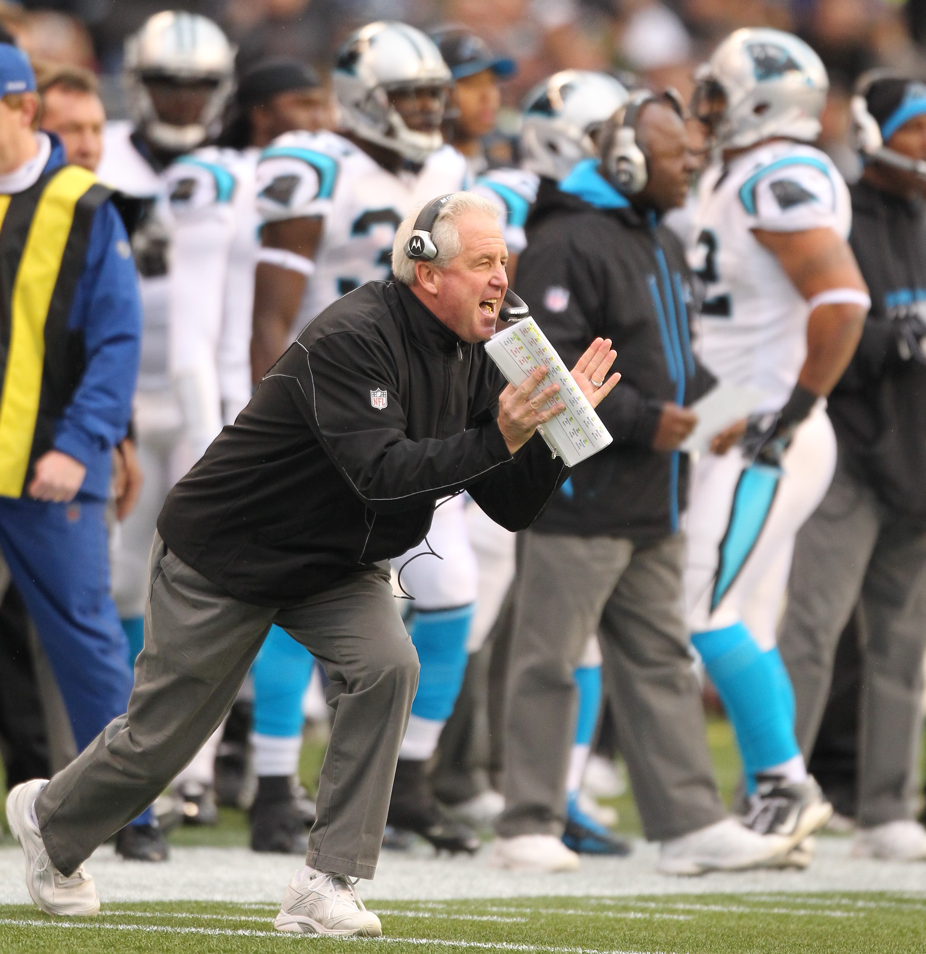SEATTLE - DECEMBER 05:  Head coach John Fox of the Carolina Panthers calls from the sidelines against the Seattle Seahawks at Qwest Field on December 5, 2010 in Seattle, Washington. The Seahawks won, 31-14. (Photo by Otto Greule Jr/Getty Images)