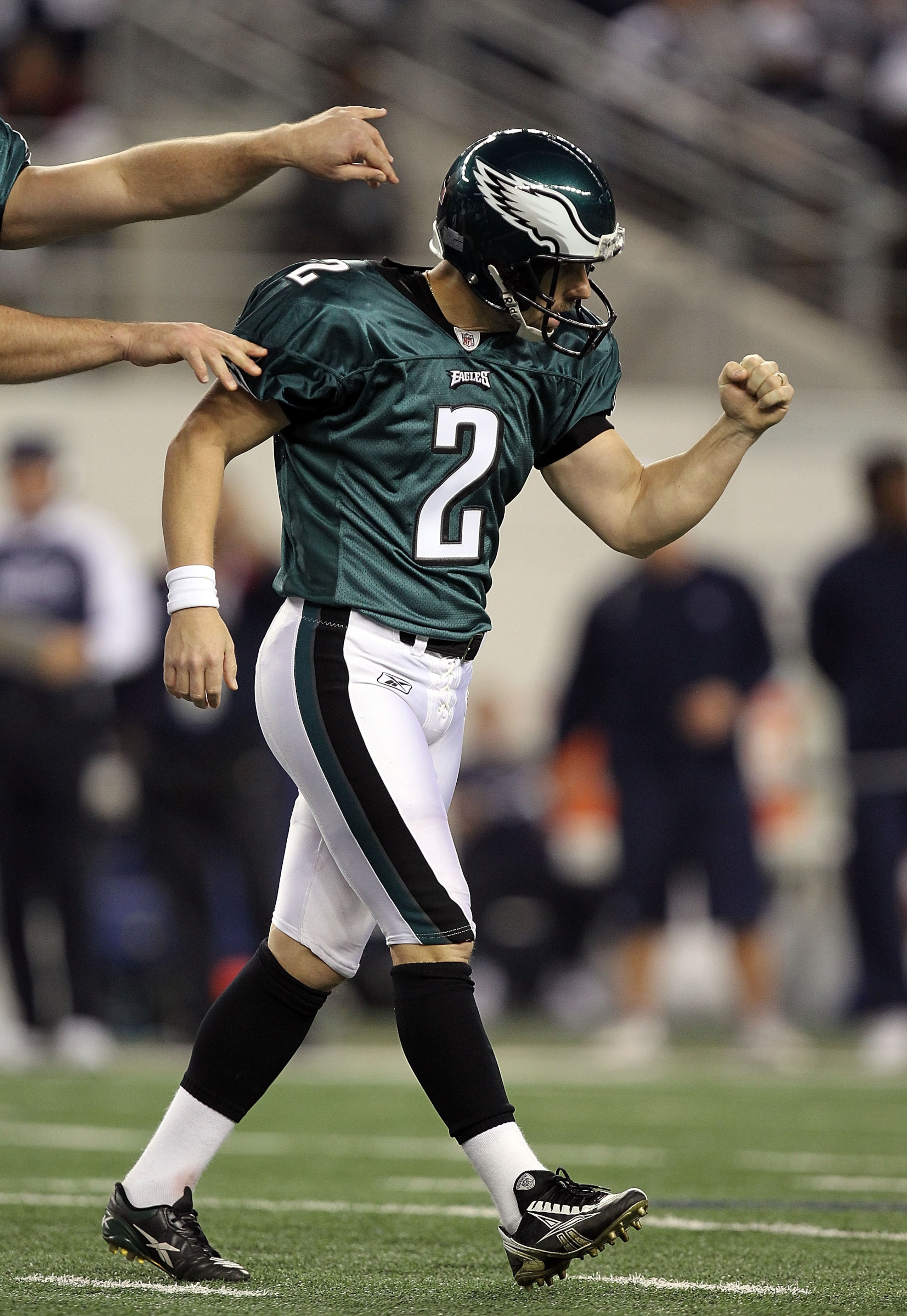 ARLINGTON, TX - DECEMBER 12:  Kicker David Akers #2 of the Philadelphia Eagles celebrates a field goal against the Dallas Cowboys at Cowboys Stadium on December 12, 2010 in Arlington, Texas.  (Photo by Ronald Martinez/Getty Images)