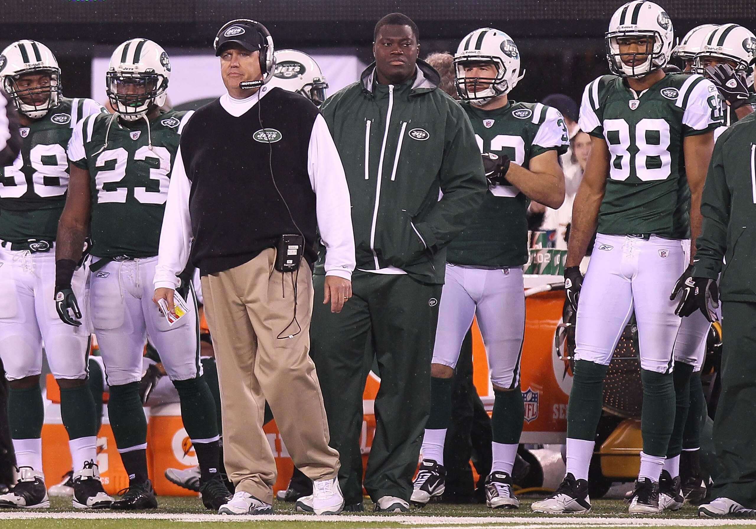 EAST RUTHERFORD, NJ - DECEMBER 12:  Head coach of the New York Jets, Rex Ryan looks on from the sideline against the Miami Dolphins at New Meadowlands Stadium on December 12, 2010 in East Rutherford, New Jersey.  (Photo by Nick Laham/Getty Images)