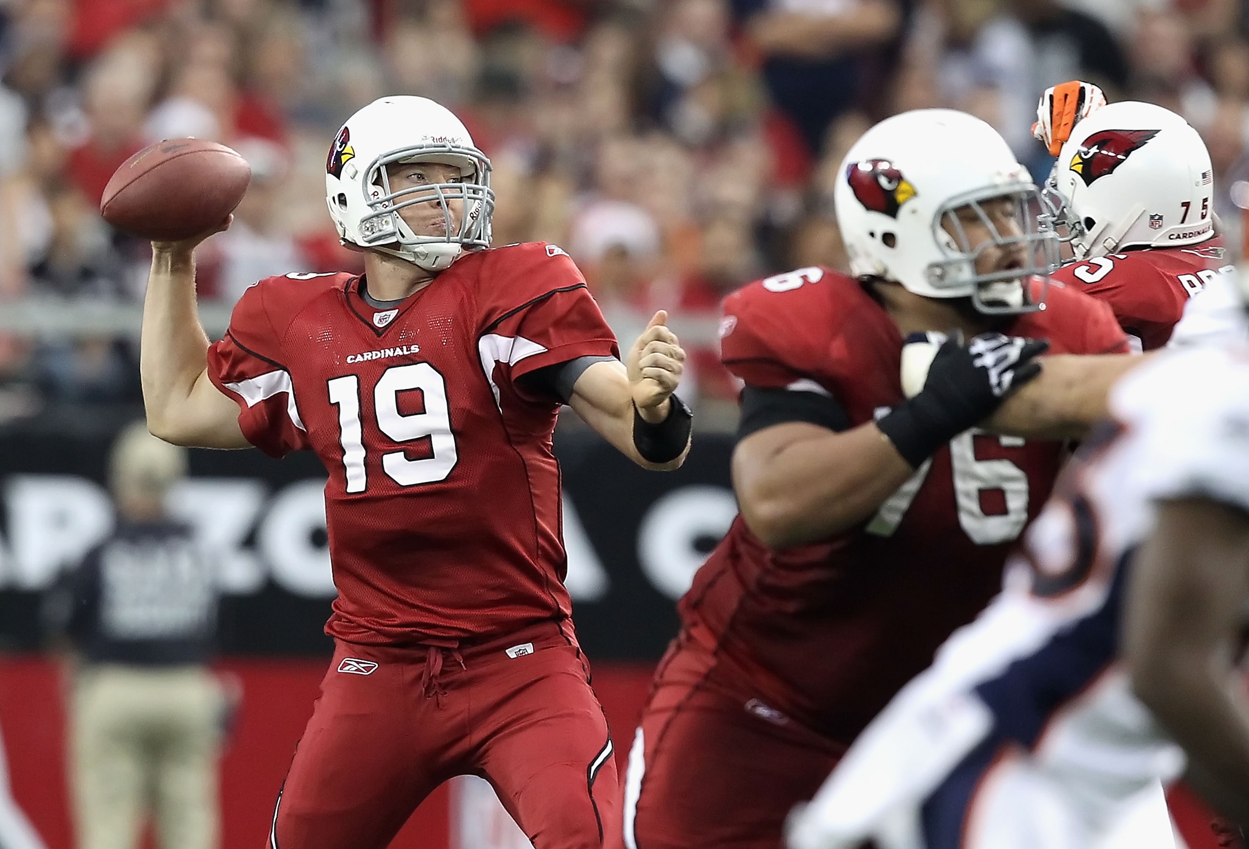 GLENDALE, AZ - DECEMBER 12: Quarterback John Skelton #19 of the Arizona Cardinals throws the football during the NFL game against the Denver Broncos at the University of Phoenix Stadium on December 12, 2010 in Glendale, Arizona. The Cardinals defeated th GLENDALE, AZ - DECEMBER 12: Quarterback John Skelton #19 of the Arizona Cardinals throws the football during the NFL game against the Denver Broncos at the University of Phoenix Stadium on December 12, 2010 in Glendale, Arizona. The Cardinals defeated th