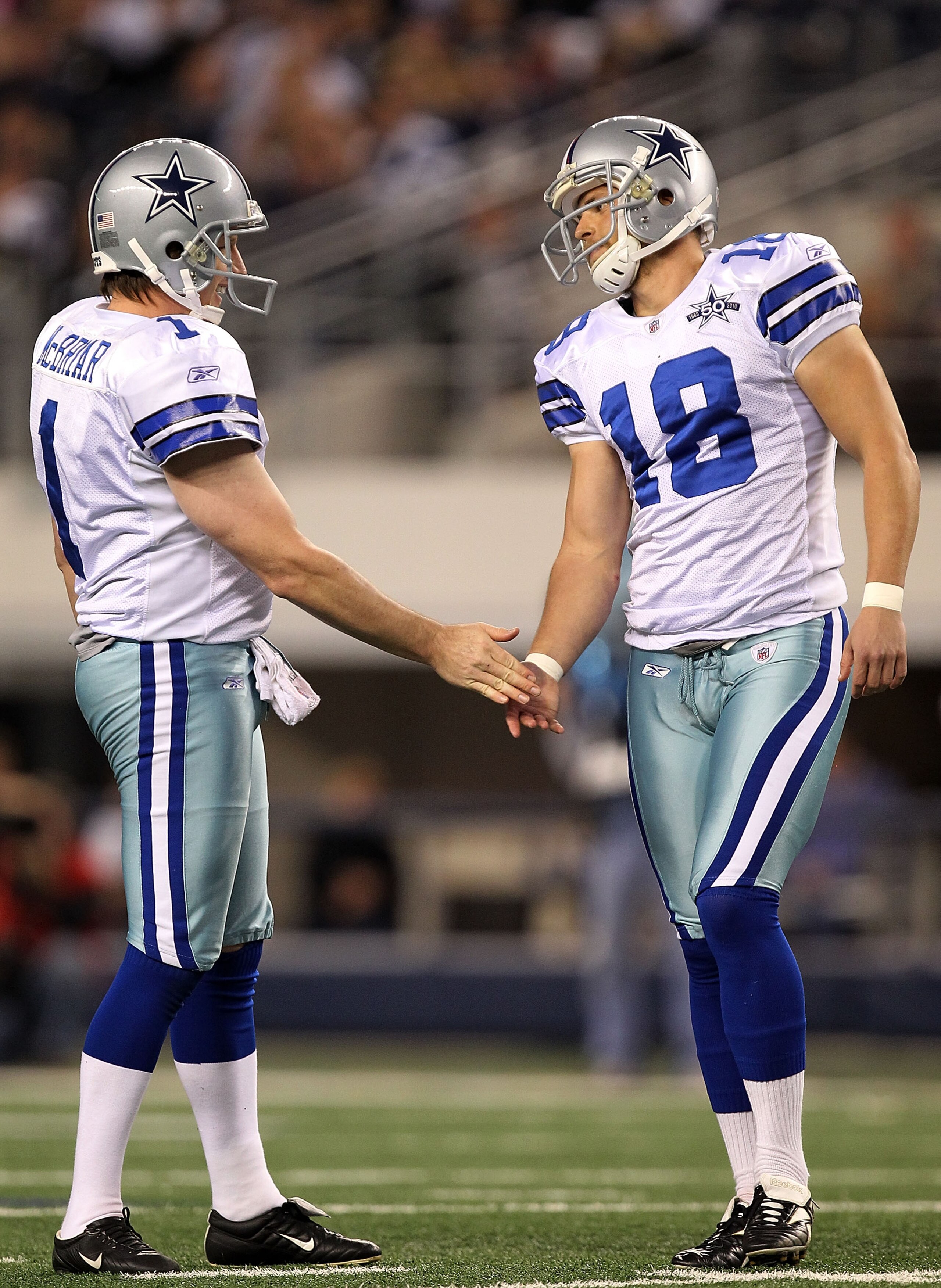 ARLINGTON, TX - DECEMBER 12: Kicker David Buehler #18 of the Dallas Cowboys celebrates a field goal with Mat McBriar against the Philadelphia Eagles at Cowboys Stadium on December 12, 2010 in Arlington, Texas. (Photo by Ronald Martinez/Getty Images) ARLINGTON, TX - DECEMBER 12: Kicker David Buehler #18 of the Dallas Cowboys celebrates a field goal with Mat McBriar against the Philadelphia Eagles at Cowboys Stadium on December 12, 2010 in Arlington, Texas. (Photo by Ronald Martinez/Getty Images)