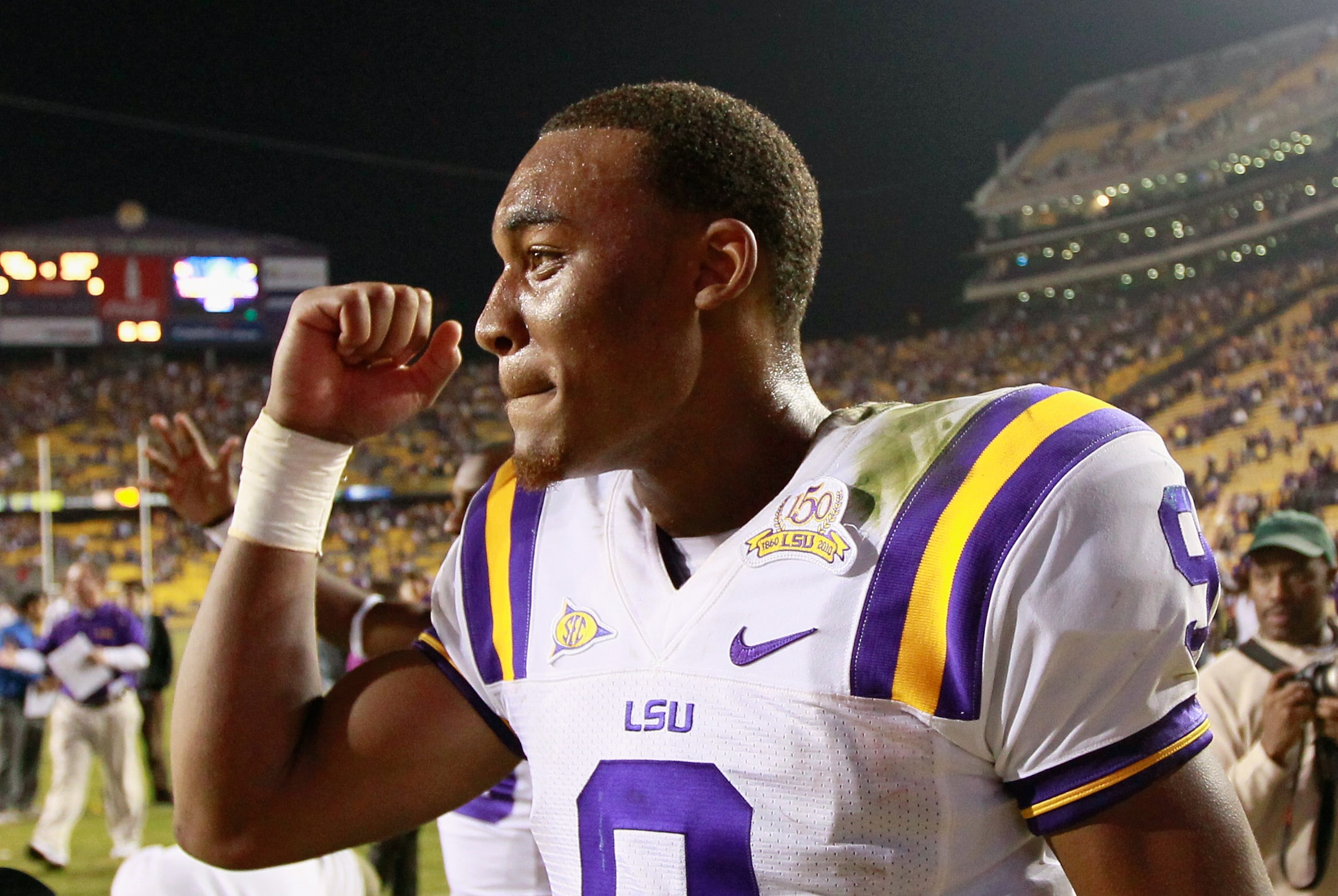 BATON ROUGE, LA - NOVEMBER 20: Quarterback Jordan Jefferson #9 of the Louisiana State University Tigers reacts after their 43-36 win over the Ole Miss Rebels at Tiger Stadium on November 20, 2010 in Baton Rouge, Louisiana. (Photo by Kevin C. Cox/Getty I BATON ROUGE, LA - NOVEMBER 20: Quarterback Jordan Jefferson #9 of the Louisiana State University Tigers reacts after their 43-36 win over the Ole Miss Rebels at Tiger Stadium on November 20, 2010 in Baton Rouge, Louisiana. (Photo by Kevin C. Cox/Getty I