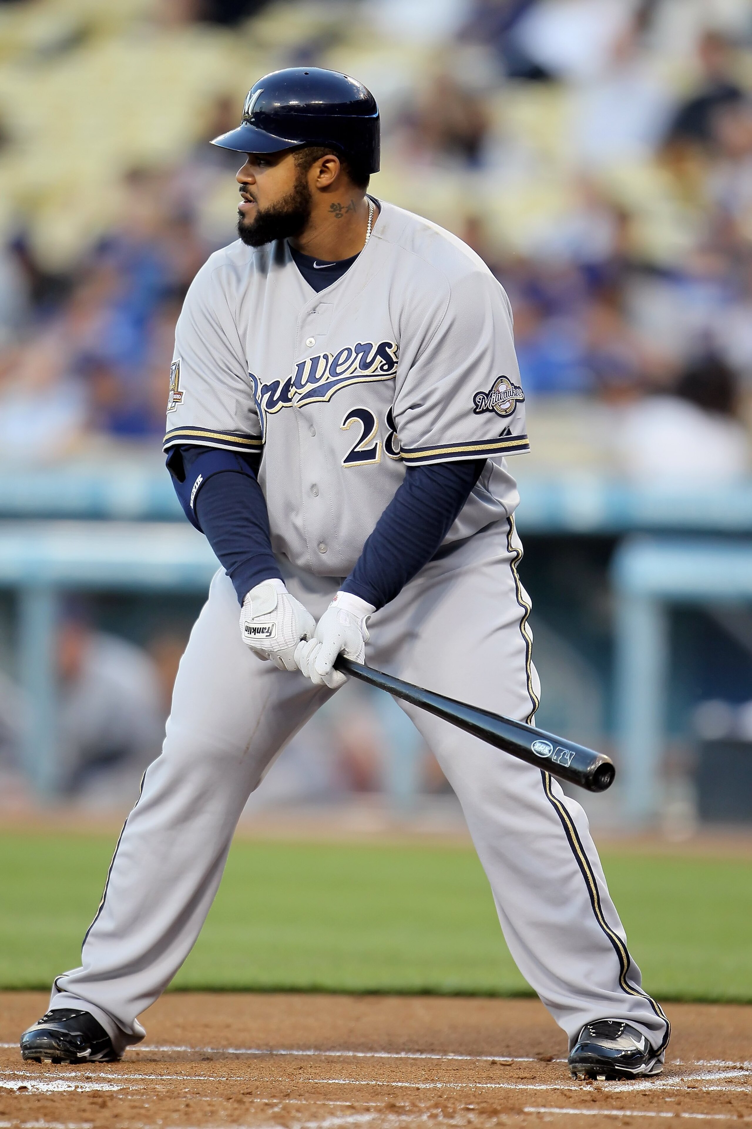 LOS ANGELES, CA - MAY 04:  Prince Fielder #28 of the Milwaukee Brewers bats against the Los Angeles Dodgers at Dodger Stadium on May 4, 2010 in Los Angeles, California. The Brewers defeated the Dodgers 11-6.  (Photo by Jeff Gross/Getty Images)