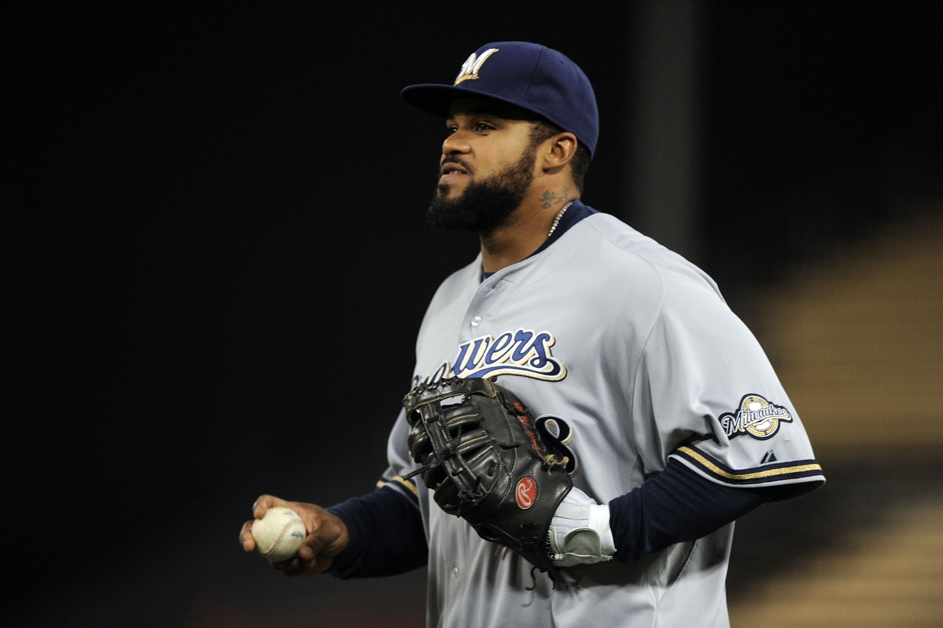 LOS ANGELES, CA - MAY 05:  Prince Fielder #28 of the Milwaukee Brewers returns to the infield after a catch against the Los Angeles Dodgers at Dodger Stadium on May 5, 2010 in Los Angeles, California.  (Photo by Harry How/Getty Images)