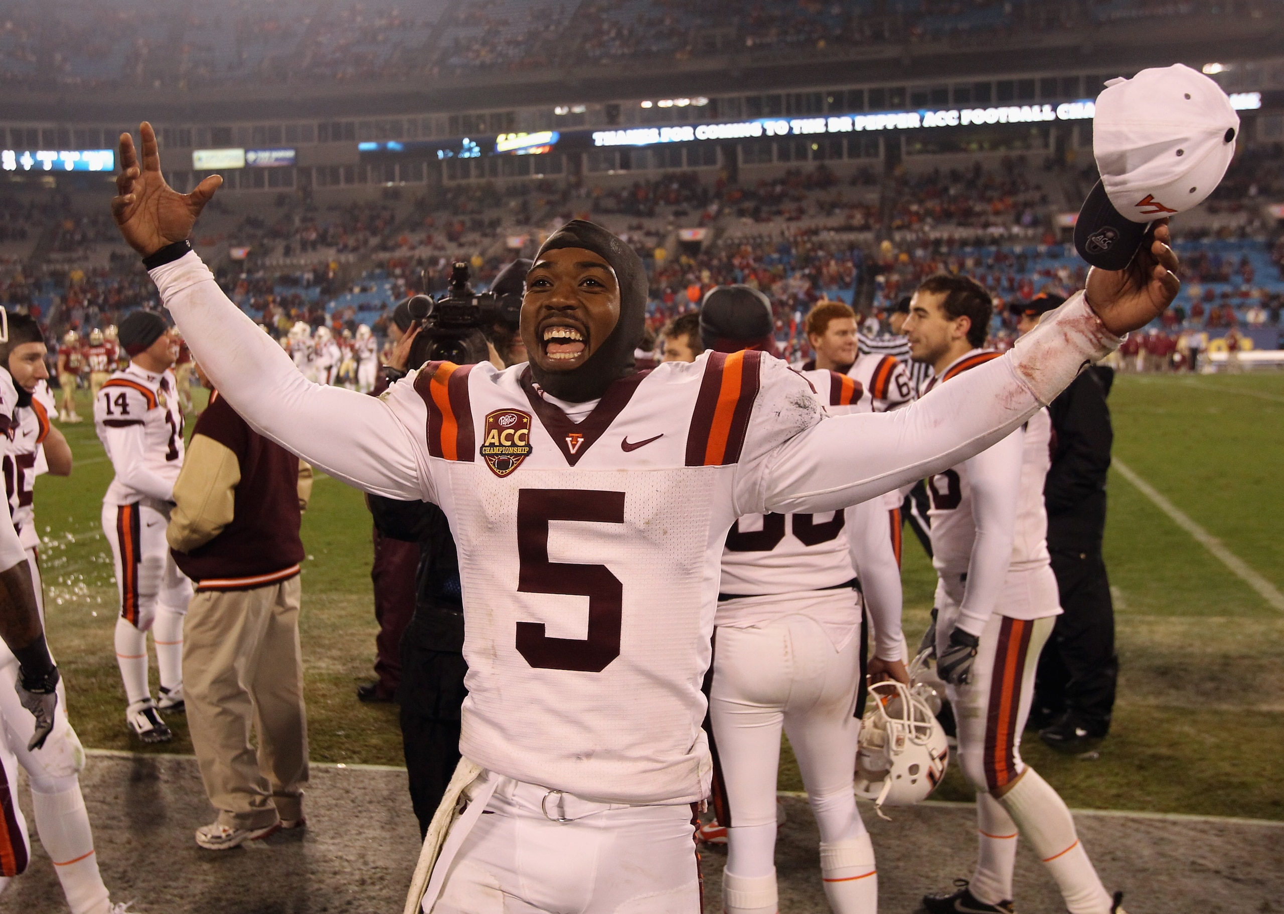 CHARLOTTE, NC - DECEMBER 04:  Tyrod Taylor #5 of the Virginia Tech Hokies celebrates after defeating the Florida State Seminoles on their way to winning the ACC Championship 44-33 at Bank of America Stadium on December 4, 2010 in Charlotte, North Carolina