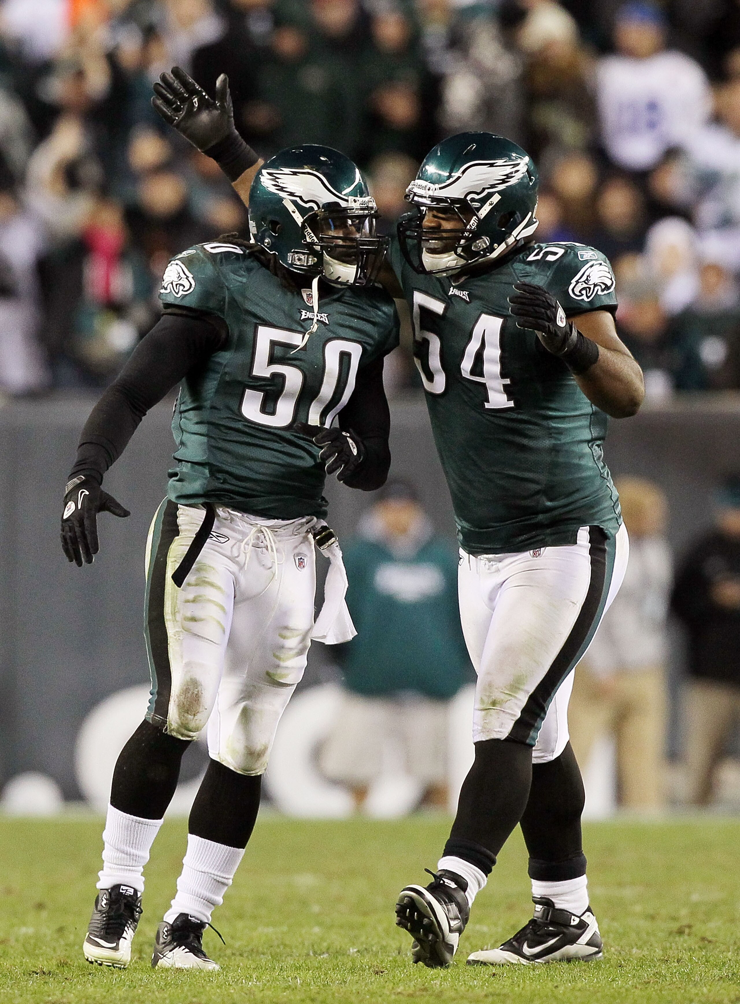 PHILADELPHIA - NOVEMBER 07:  Ernie Sims #50 of the Philadelphia Eagles celebrates his fourth quarter sack against the Indianapolis Colts with teammate Brandon Graham #54 on November 7, 2010 at Lincoln Financial Field in Philadelphia, Pennsylvania. The Eag