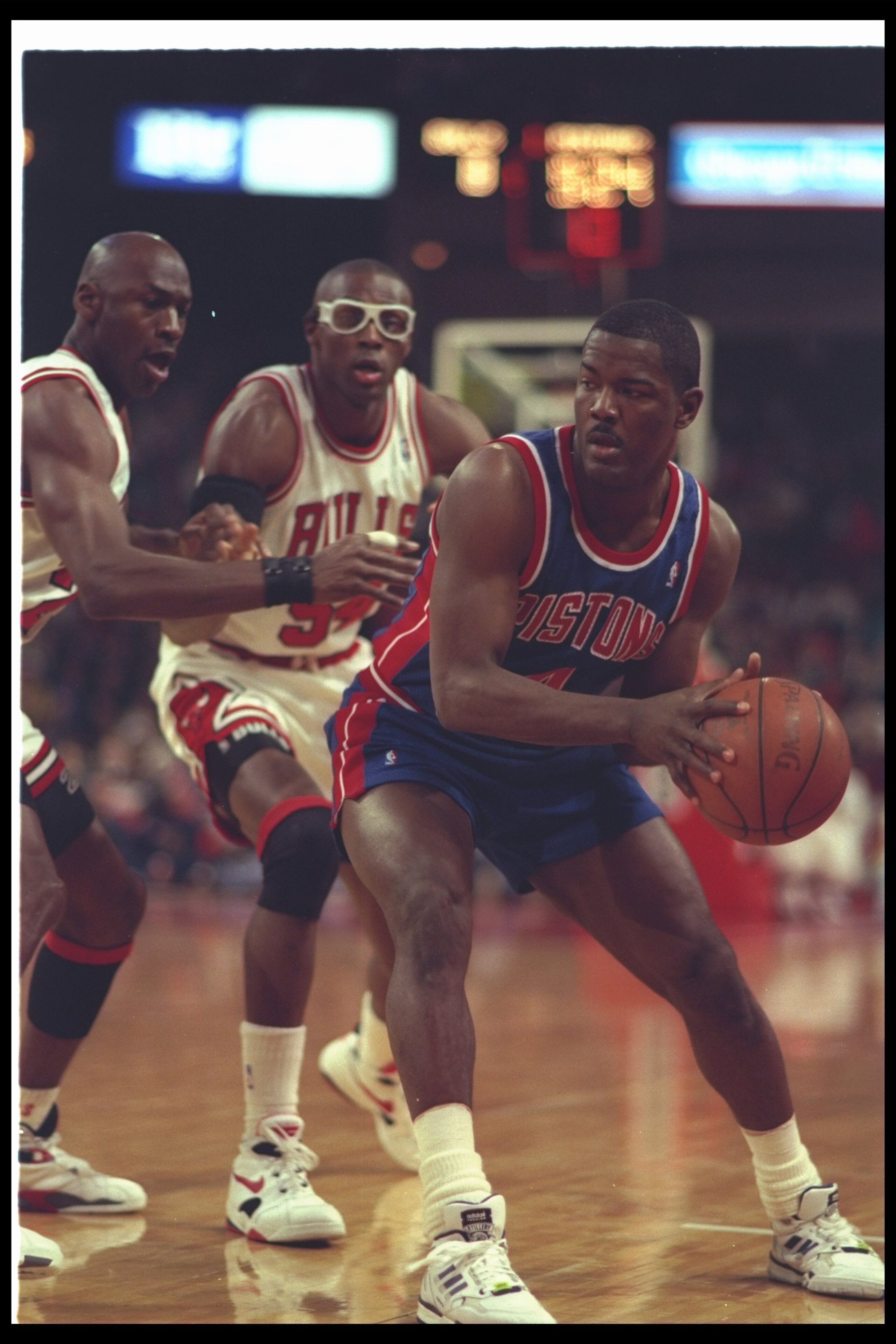 22 Apr 1993:  Guard Joe Dumars of the Detroit Pistons moves the ball during a game against the Chicago Bulls at the United Center in Chicago, Illinois. Mandatory Credit: Jonathan Daniel  /Allsport Mandatory Credit: Jonathan Daniel  /Allsport