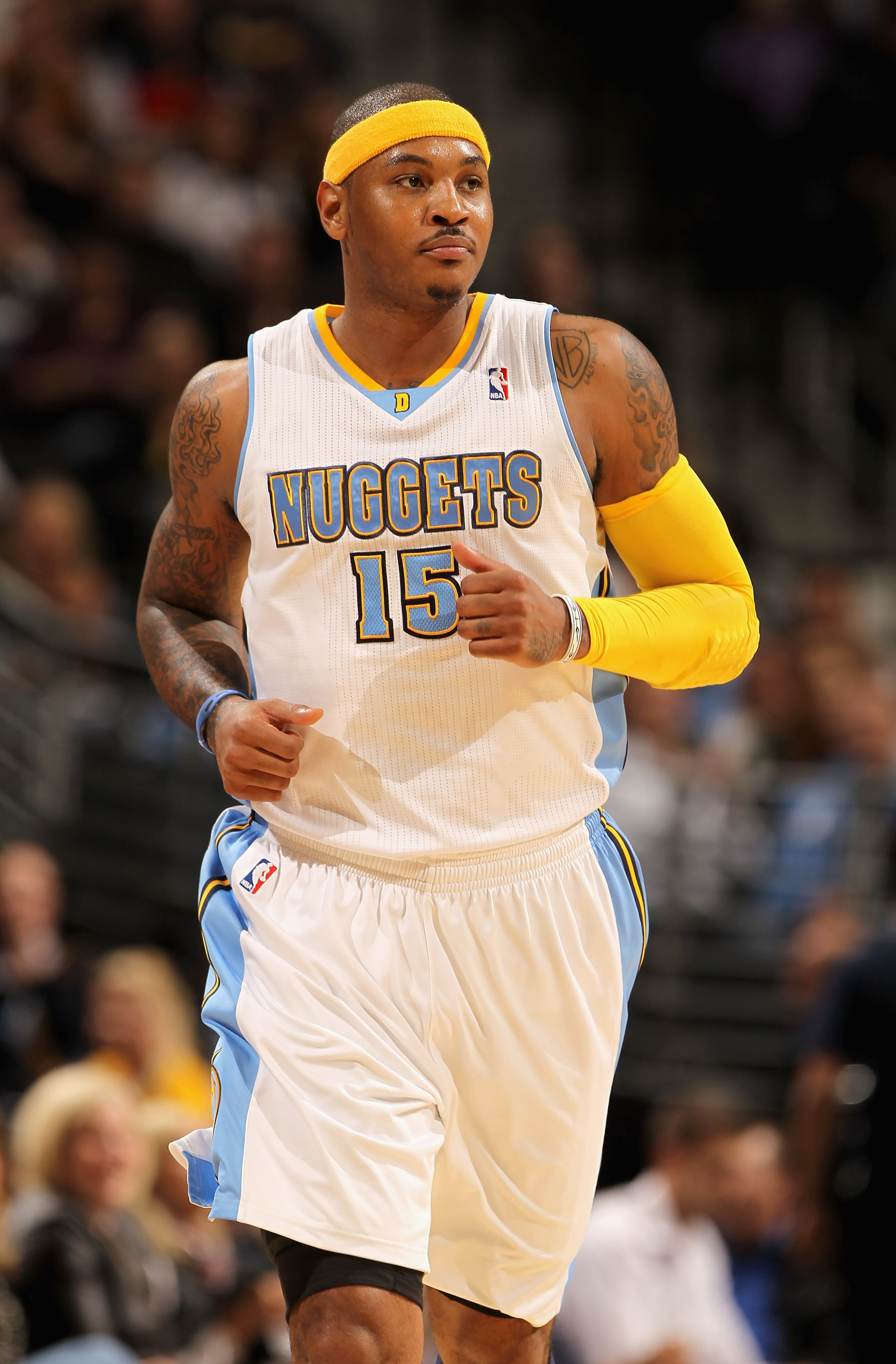 DENVER - NOVEMBER 11:  Carmelo Anthony #15 of the Denver Nuggets runs upcourt against the Los Angeles Lakers at the Pepsi Center on November 11, 2010 in Denver, Colorado. The Nuggets defeated the Lakers 118-112.  NOTE TO USER: User expressly acknowledges