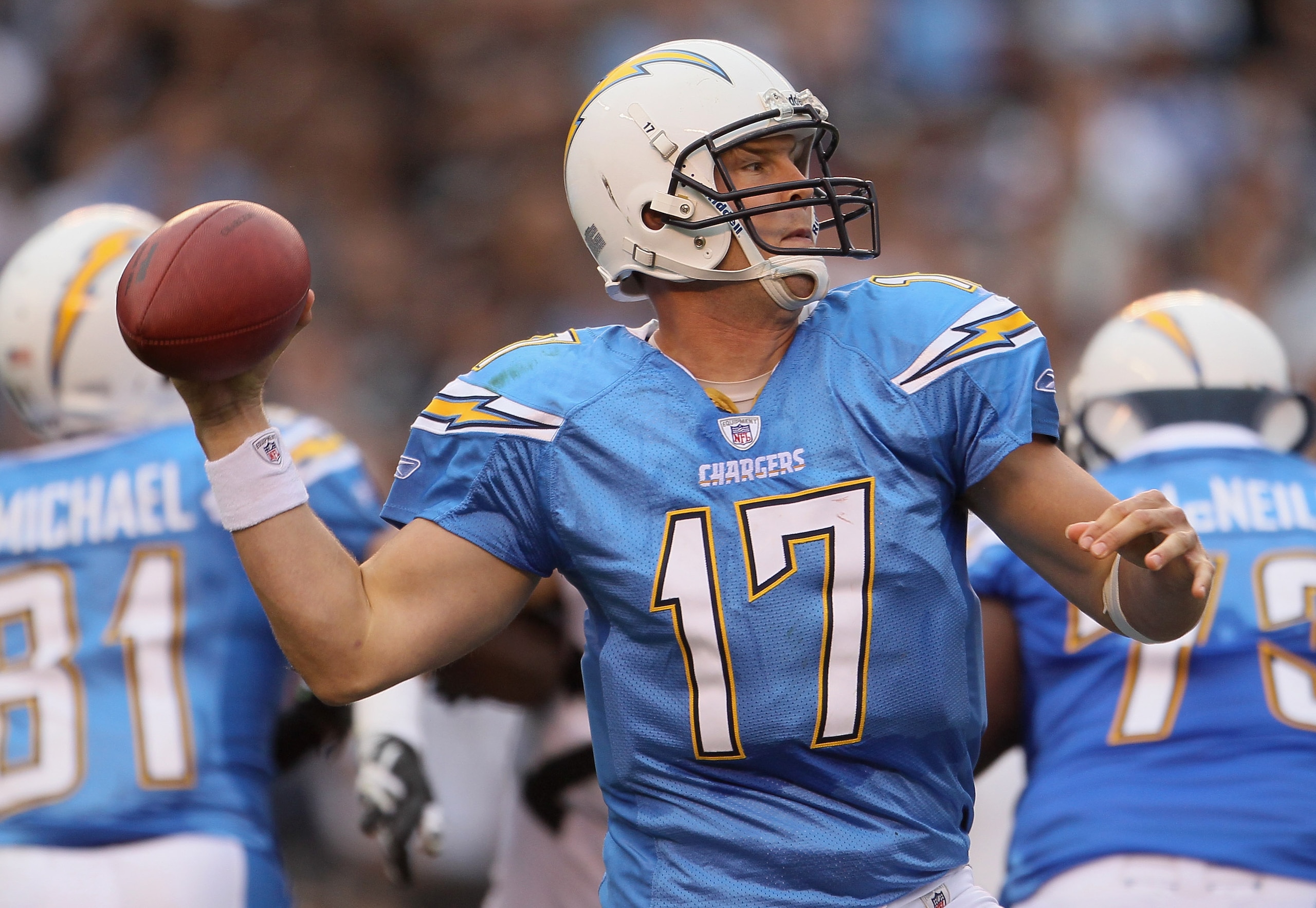 SAN DIEGO - DECEMBER 05:  Quarterback Philip Rivers #17 of the San Diego Chargers drops back to pass against the Oakland Raiders at Qualcomm Stadium on December 5, 2010 in San Diego, California. The Raiders defeated the Chargers 28-13.  (Photo by Jeff Gro