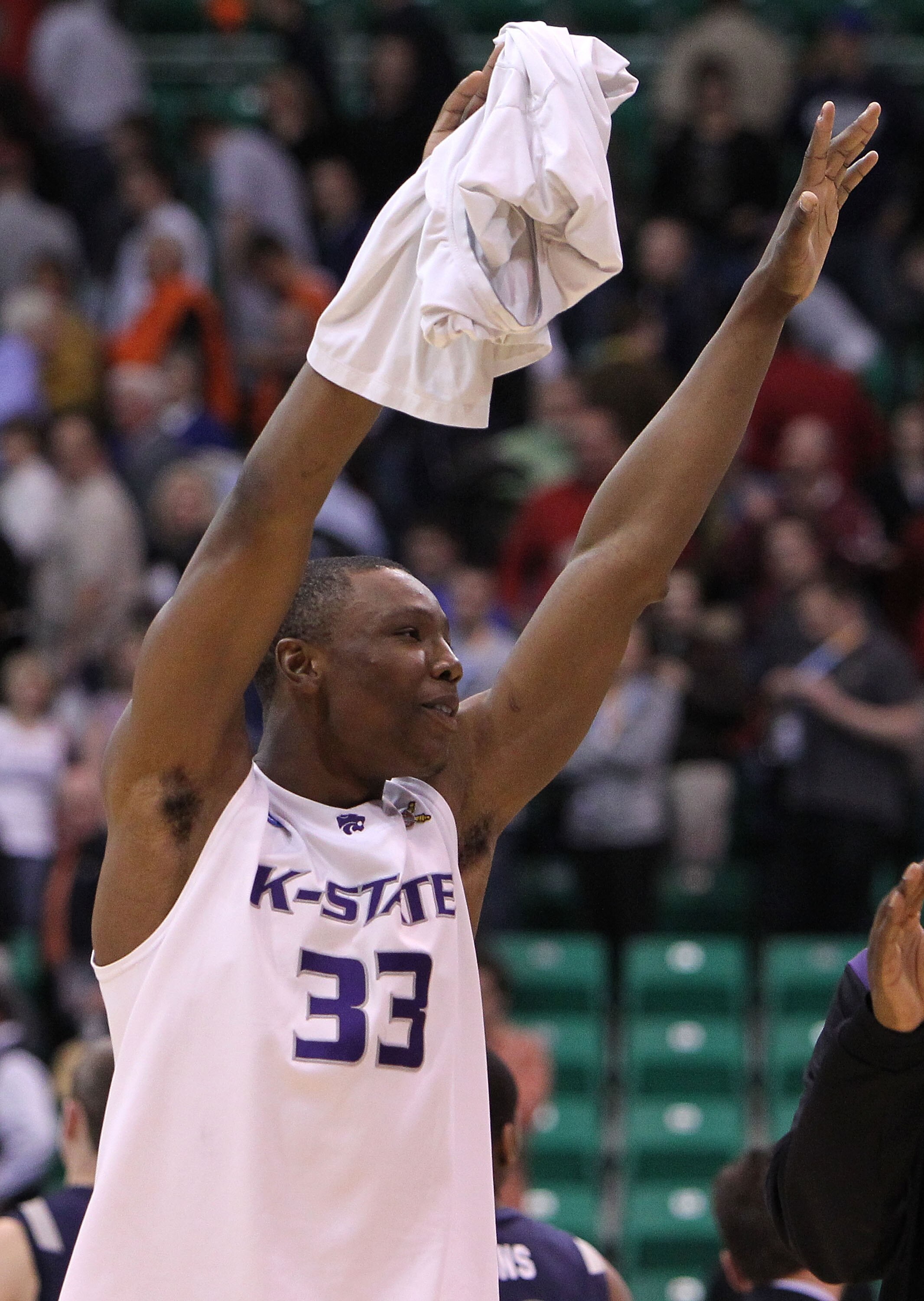 SALT LAKE CITY - MARCH 25:  Wally Judge #33 of the Kansas State Wildcats celebrates after defeating the Xavier Musketeers during the third round of the 2010 NCAA menï¿½s basketball tournament at the Energy Solutions Arena on March 25, 2010 in Salt Lake City