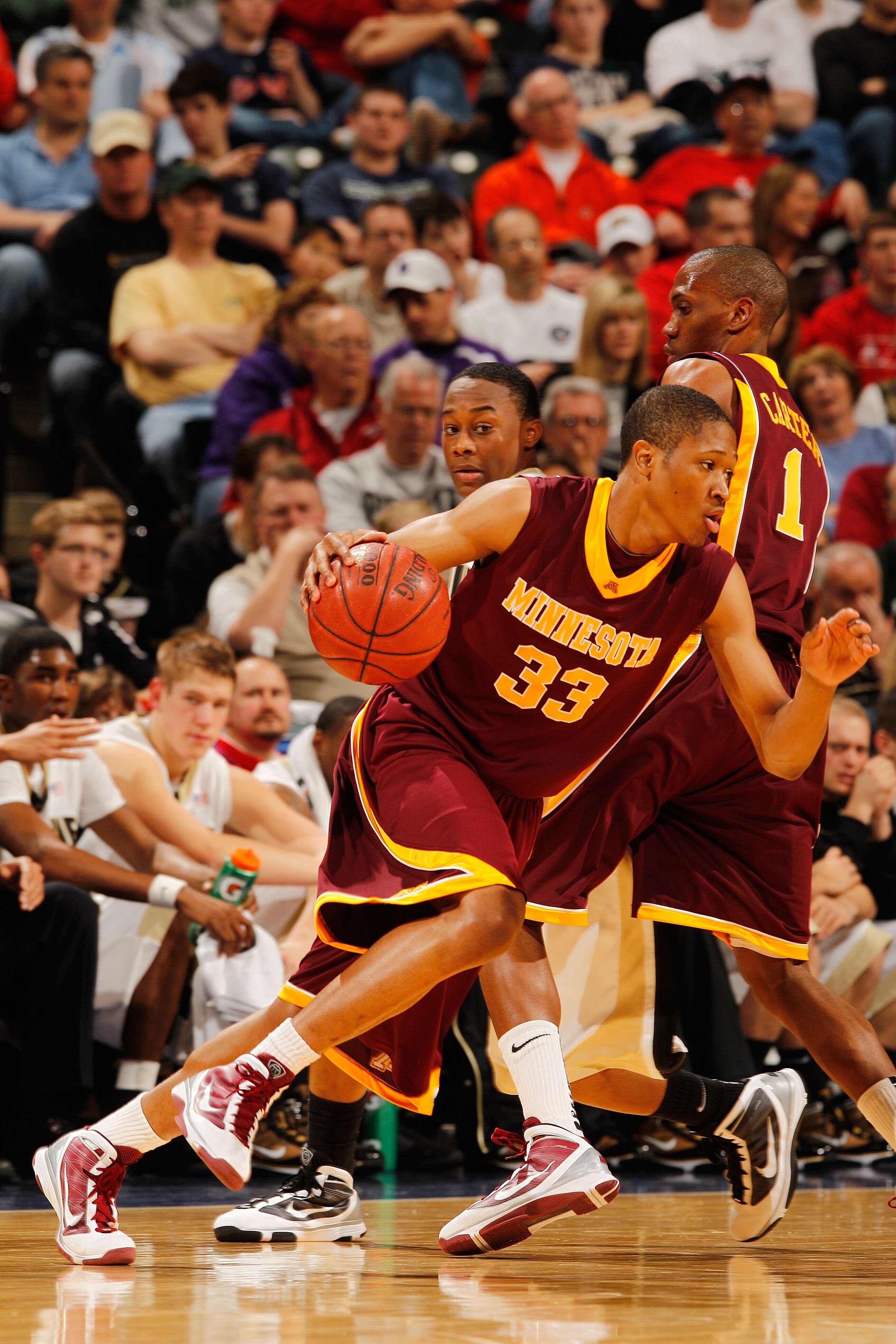 INDIANAPOLIS - MARCH 13:  Forward Rodney Williams #33 of the Minnesota Golden Gophers drives against the Purdue Boilermakers in the semifinals of the Big Ten Men's Basketball Tournament at Conseco Fieldhouse on March 13, 2010 in Indianapolis, Indiana.  (P