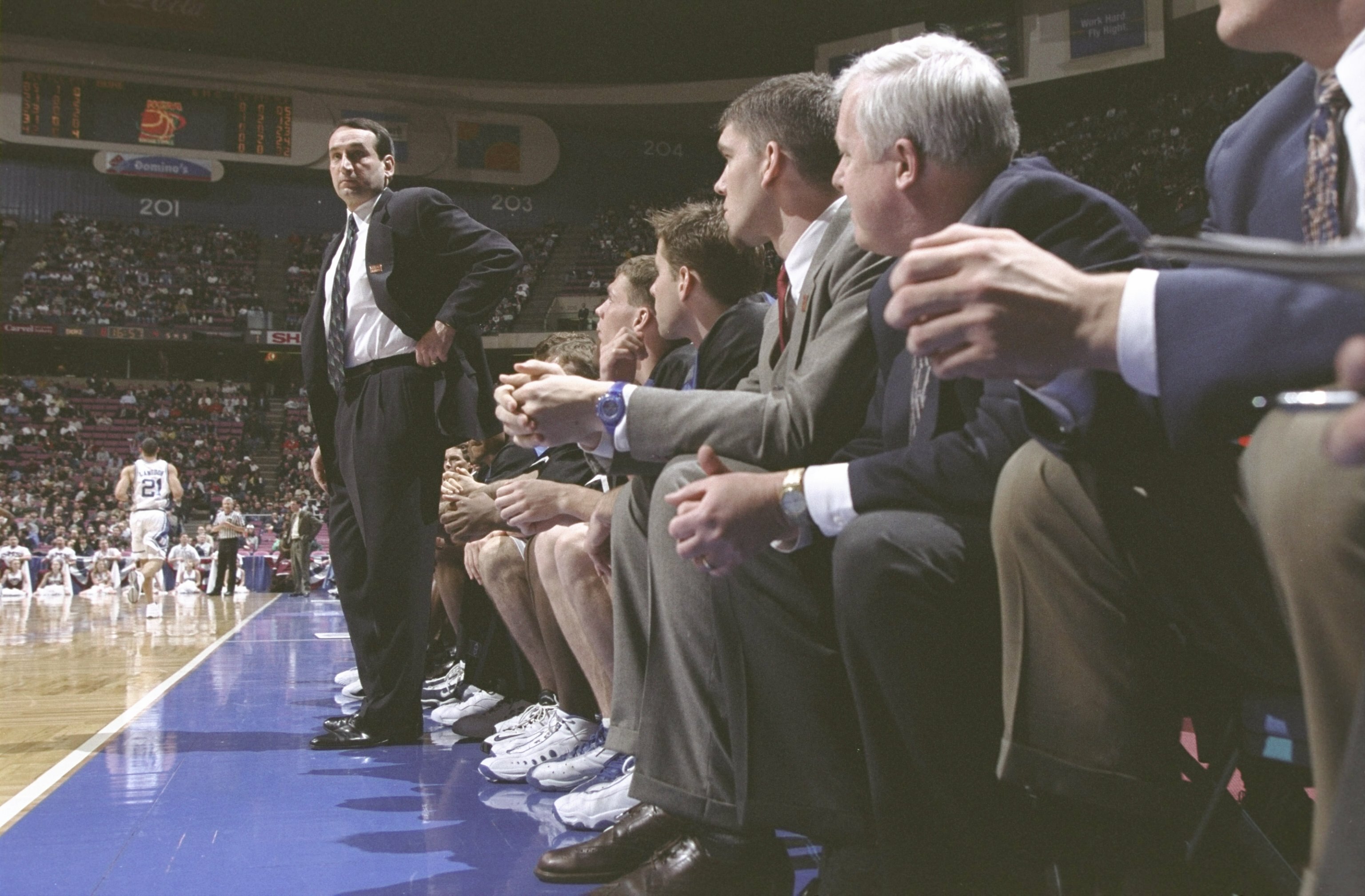 19 Mar 1999:  Head Coach Mike Krzyzewski of the Duke Blue Devils looking on during the NCAA Eastern Regional game against the Southwest Missouri State Bears at the Continental Airlines Arena in The Meadowlands, New Jersey. The Blue Devils defeated the Bea