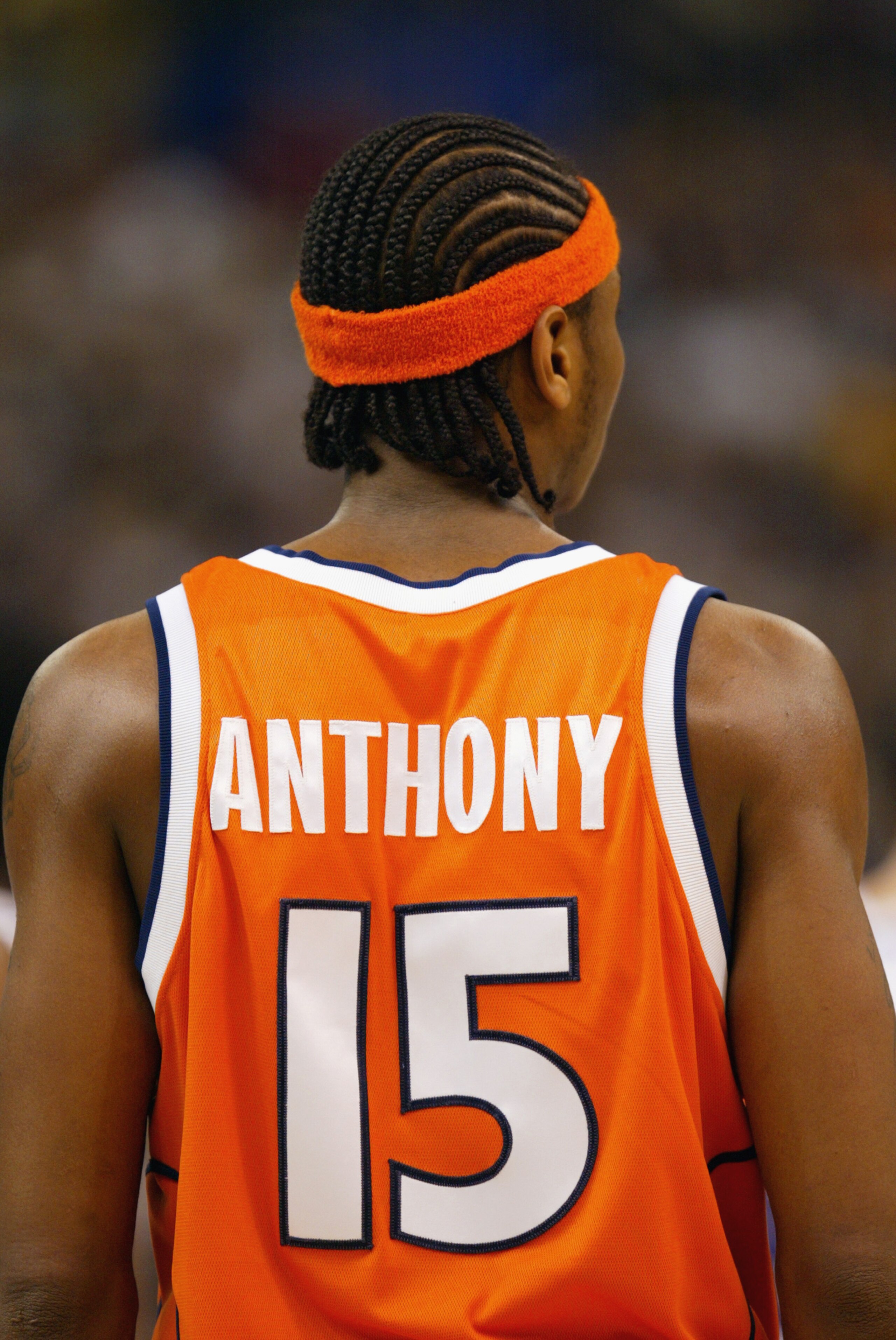 NEW ORLEANS - APRIL 7:  Carmelo Anthony #15 of Syracuse looks on against Kansas during the championship game of the NCAA Men's Final Four Tournament on April 7, 2003 at the Louisiana Superdome in New Orleans, Louisiana.  Syracuse defeated Kansas 81-78 win
