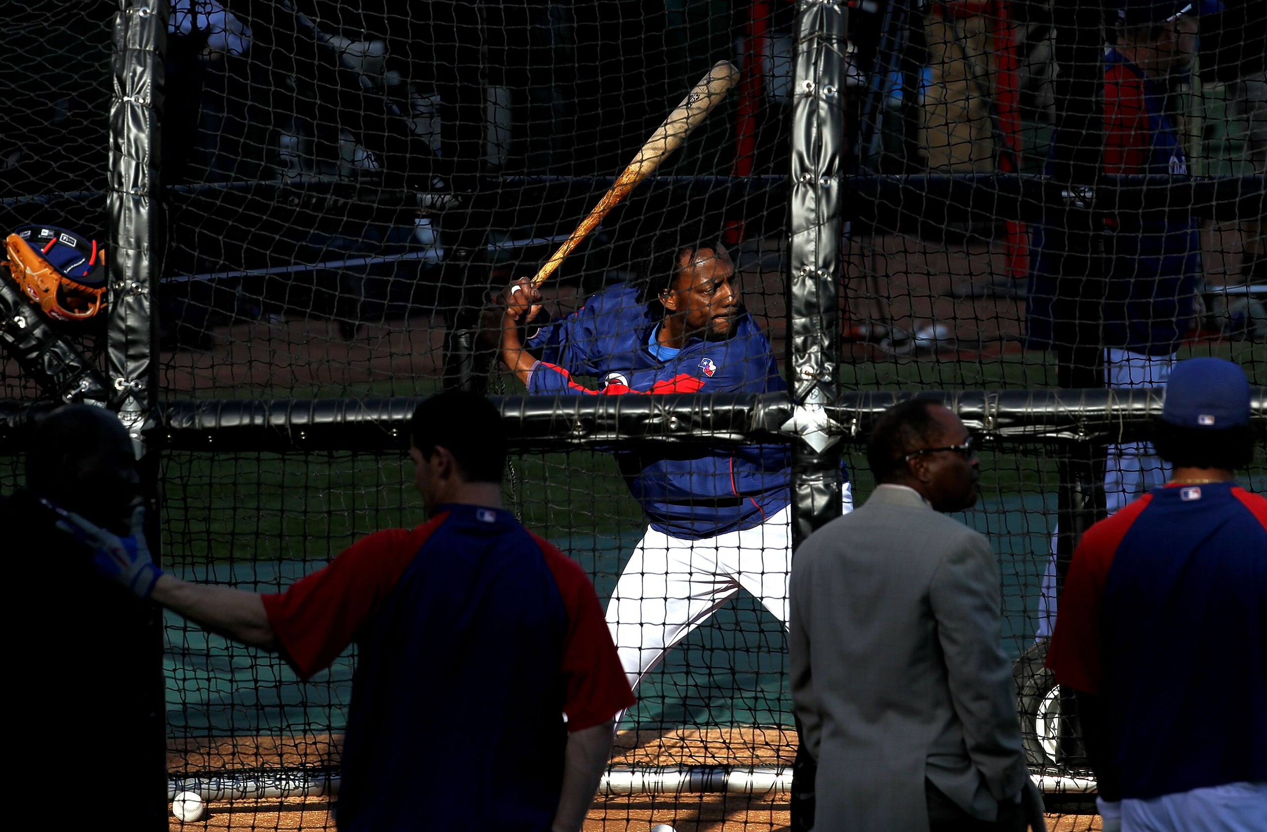 ARLINGTON, TX - NOVEMBER 01: Vladimir Guerrero #27 of the Texas Rangers takes batting practice against the San Francisco Giants in Game Five of the 2010 MLB World Series at Rangers Ballpark in Arlington on November 1, 2010 in Arlington, Texas. (Photo by ARLINGTON, TX - NOVEMBER 01: Vladimir Guerrero #27 of the Texas Rangers takes batting practice against the San Francisco Giants in Game Five of the 2010 MLB World Series at Rangers Ballpark in Arlington on November 1, 2010 in Arlington, Texas. (Photo by