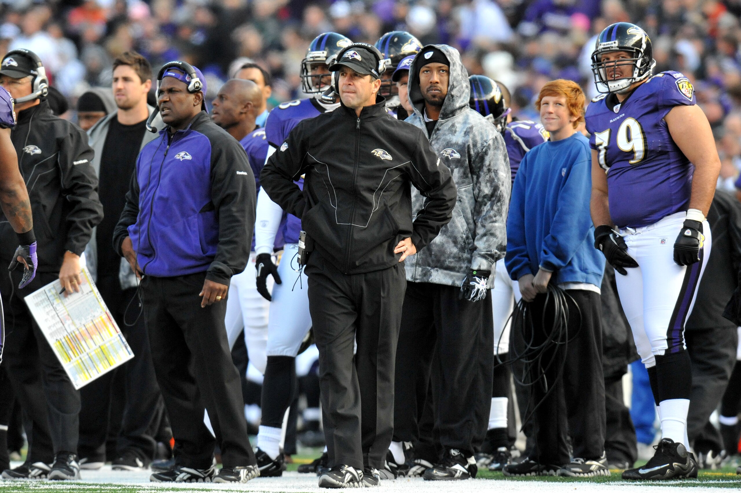 BALTIMORE, MD - NOVEMBER 7: Head coach John Harbaugh of the Baltimore Ravens coaches against the Miami Dolphins at M&T Bank Stadium on November 7, 2010 in Baltimore, Maryland. The Ravens defeated the Dolphins 26-10. (Photo by Larry French/Getty Images) BALTIMORE, MD - NOVEMBER 7: Head coach John Harbaugh of the Baltimore Ravens coaches against the Miami Dolphins at M&T Bank Stadium on November 7, 2010 in Baltimore, Maryland. The Ravens defeated the Dolphins 26-10. (Photo by Larry French/Getty Images)