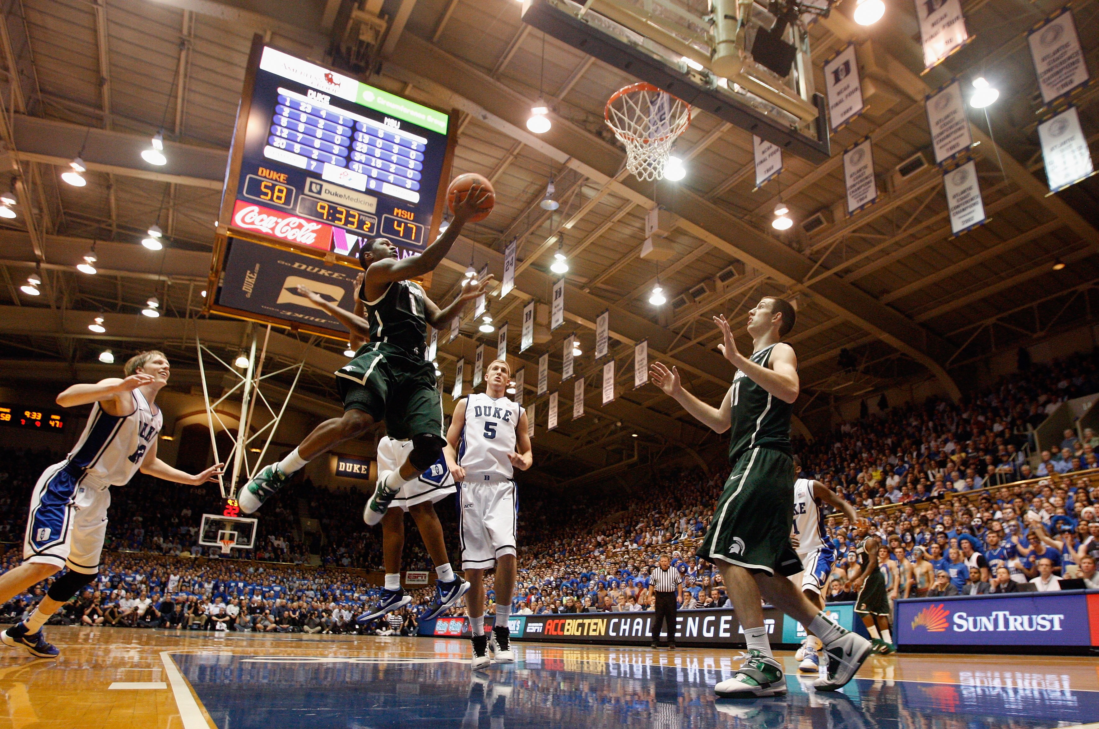 DURHAM, NC - DECEMBER 01:  Kalin Lucas #1 of the Michigan State Spartans drives to the basket against the Duke Blue Devils during their game at Cameron Indoor Stadium on December 1, 2010 in Durham, North Carolina.  (Photo by Streeter Lecka/Getty Images)
