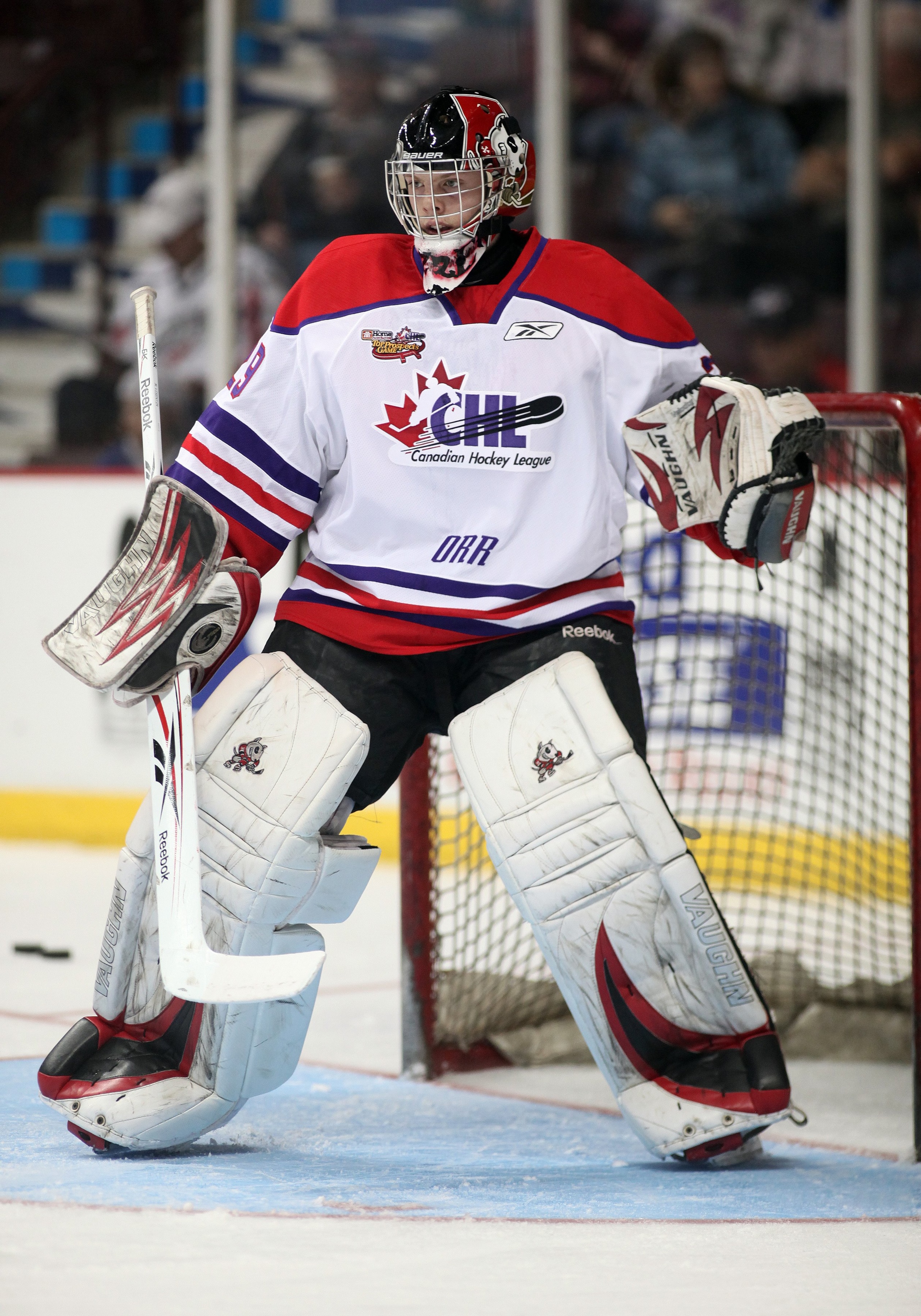 WINDSOR, ON - JANUARY 20:  Mark Visentin #29 of Team Orr watches the play during the warm-up prior to the Home Hardware CHL/NHL Top Prospects game against Team Cherry on January 20, 2010 at the WFCU Centre in Windsor, Ontario. Team Cherry defeated Team Or