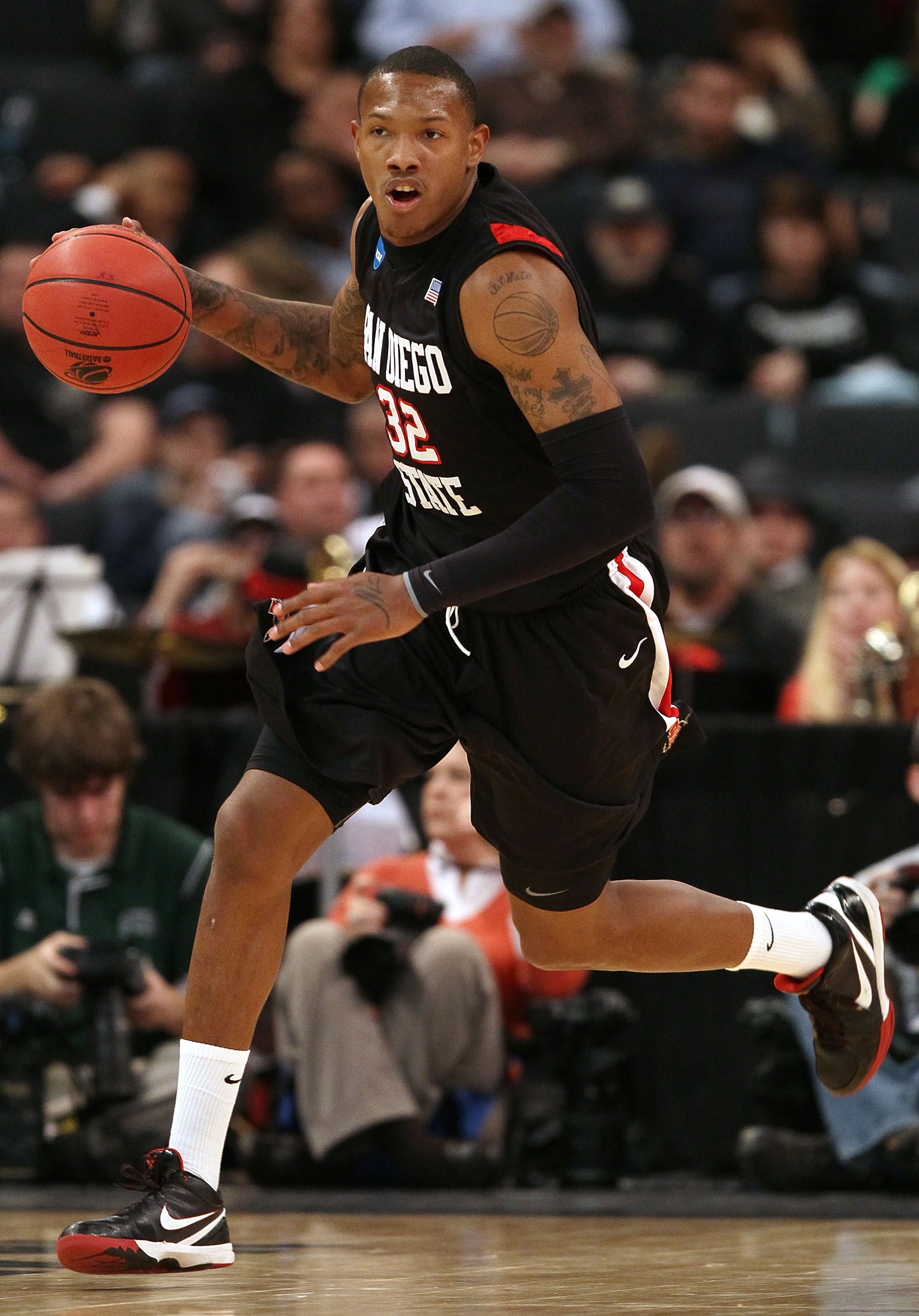 PROVIDENCE, RI - MARCH 18:  Billy White #32 of the San Diego State Aztecs heads down the court in the first half against the Tennessee Volunteers during the first round of the 2010 NCAA men's basketball tournament on March 18, 2010 at the Dunkin Donuts Ar