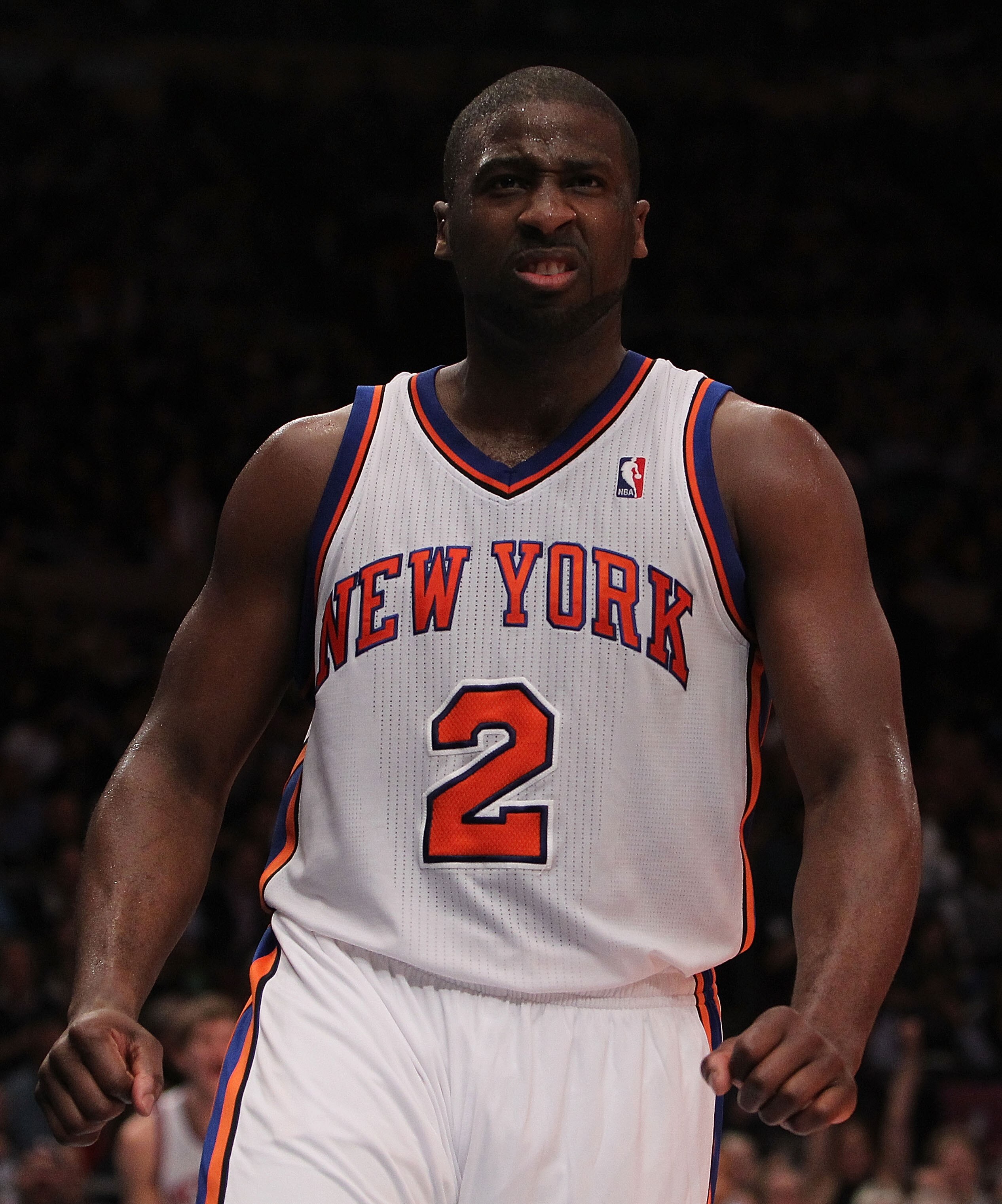 NEW YORK, NY - NOVEMBER 30: Raymond Felton #2 of the New York Knicks reacts agaisnt the New Jersey Nets on November 30, 2010 at Madison Square Garden in New York City. NOTE TO USER: User expressly acknowledges and agrees that, by downloading and or using