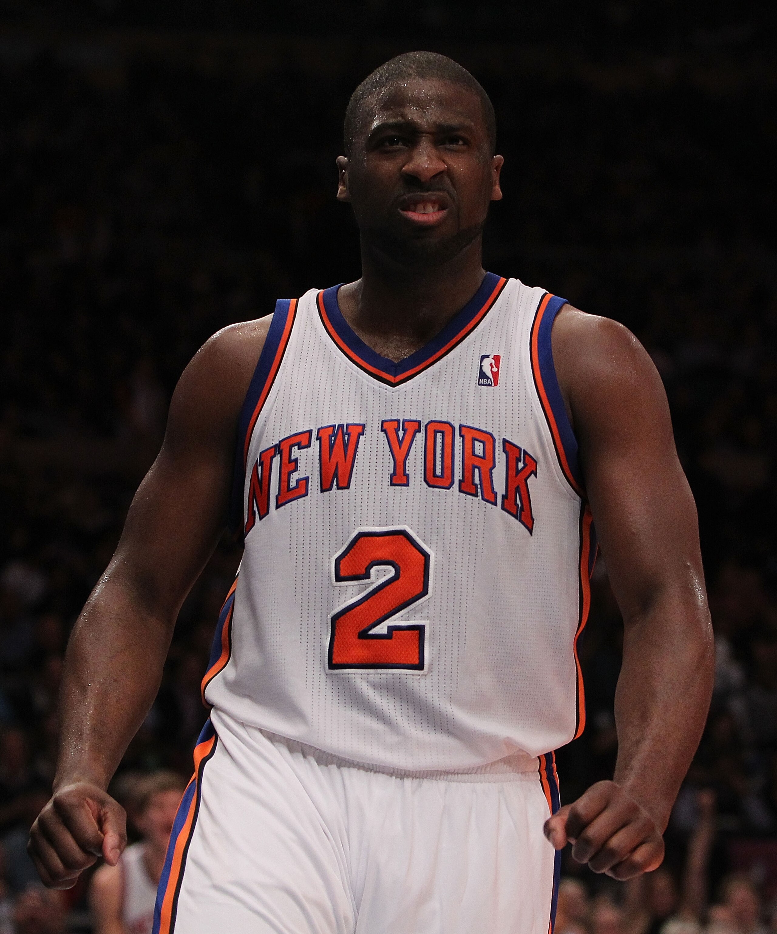 NEW YORK, NY - NOVEMBER 30: Raymond Felton #2 of the New York Knicks reacts agaisnt the New Jersey Nets on November 30, 2010 at Madison Square Garden in New York City. NOTE TO USER: User expressly acknowledges and agrees that, by downloading and or using