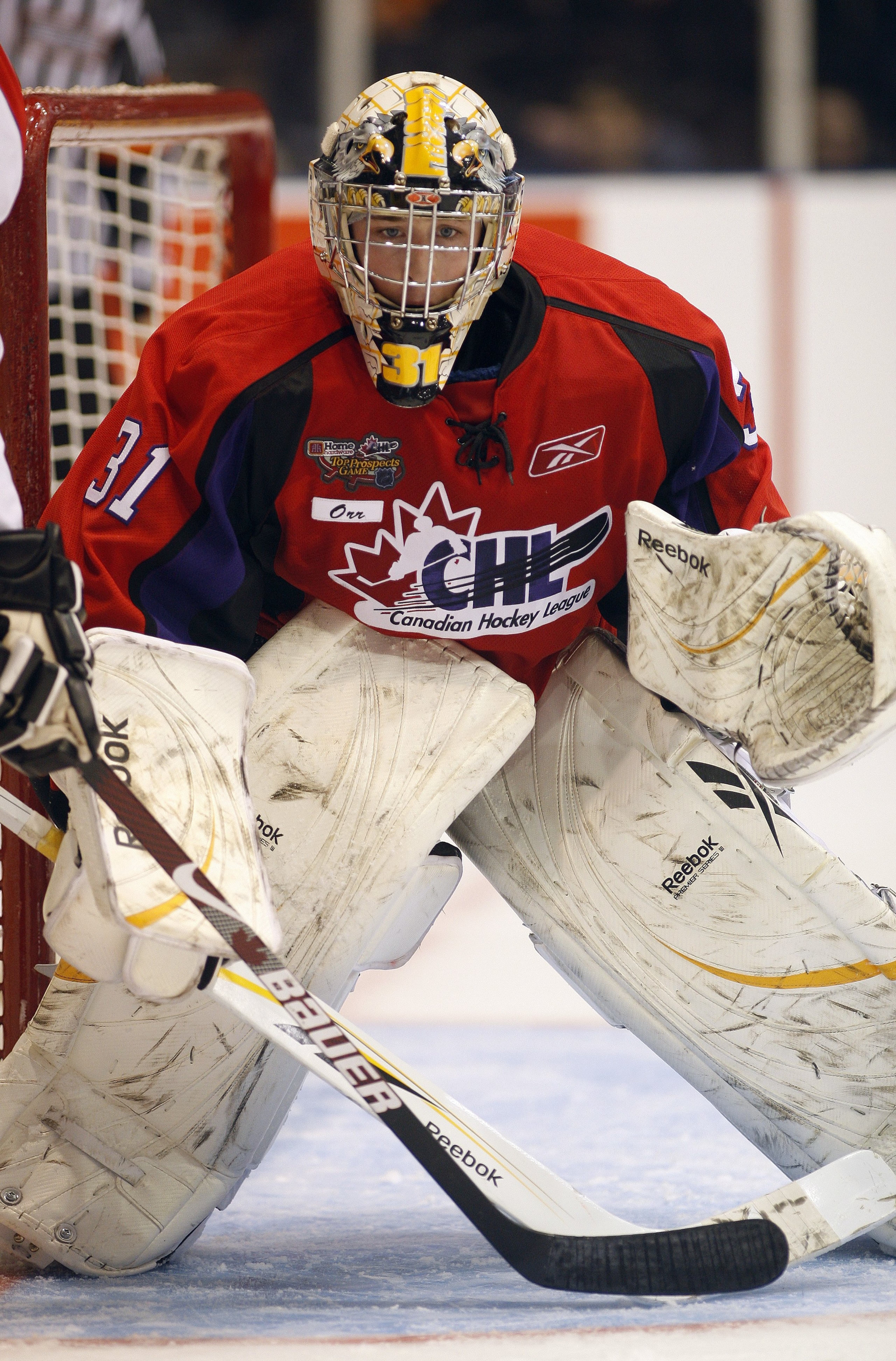 OSHAWA, ON - JANUARY 14:  Olivier Roy #31 of Team Orr keeps his eye on the play in the 2009 Home Hardware CHL/NHL Top Prospects Game against Team Cherry on Wednesday January 14, 2009 at the General Motors Centre in Oshawa, Ontario. Team Orr defeated Team