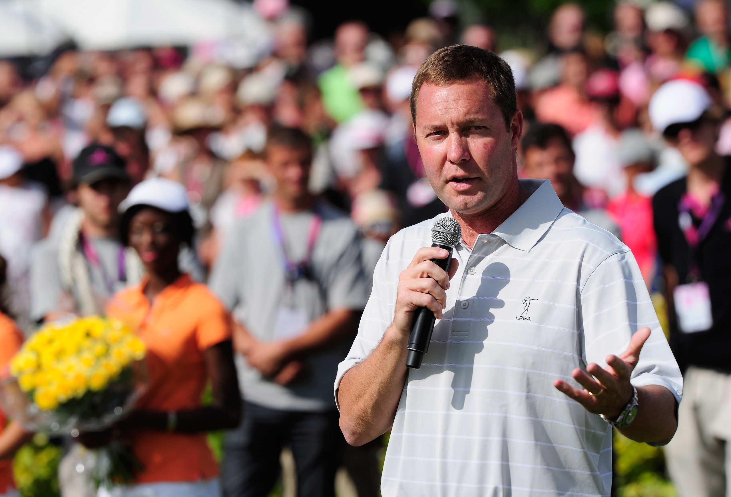 EVIAN, FRANCE - JULY 25:  Mike Whan, LPGA commisioner give a speech during the prize giving cermony after the final round of the 2010 Evian Masters on July 25, 2010 in Evian, France.  (Photo by Stuart Franklin/Getty Images)