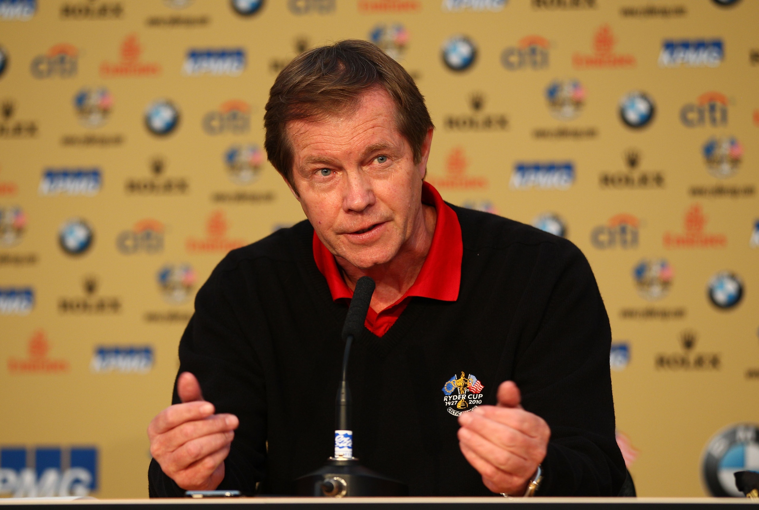NEWPORT, WALES - OCTOBER 01:  George O'Grady, Chief Executive of the European Tour answers questions at a press conference during the Morning Fourball Matches during the 2010 Ryder Cup at the Celtic Manor Resort on October 1, 2010 in Newport, Wales.  (Pho