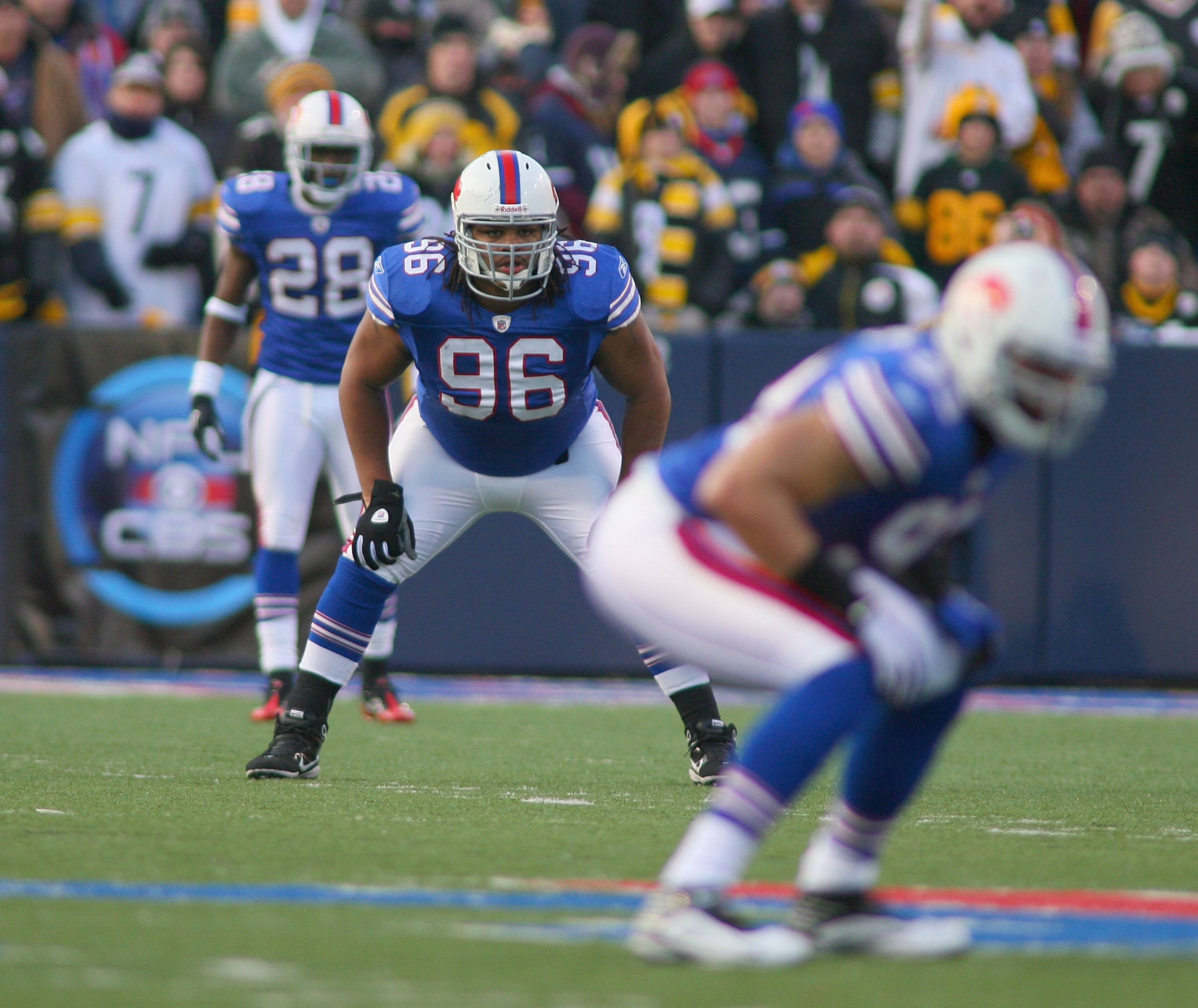 ORCHARD PARK, NY - NOVEMBER 28: Torell Troup #96 of the Buffalo Bills waits for a kickoff against the Pittsburgh Steelers at Ralph Wilson Stadium on November 28, 2010 in Orchard Park, New York. Pittsburgh won 19-16 in overtime.  (Photo by Rick Stewart/Get
