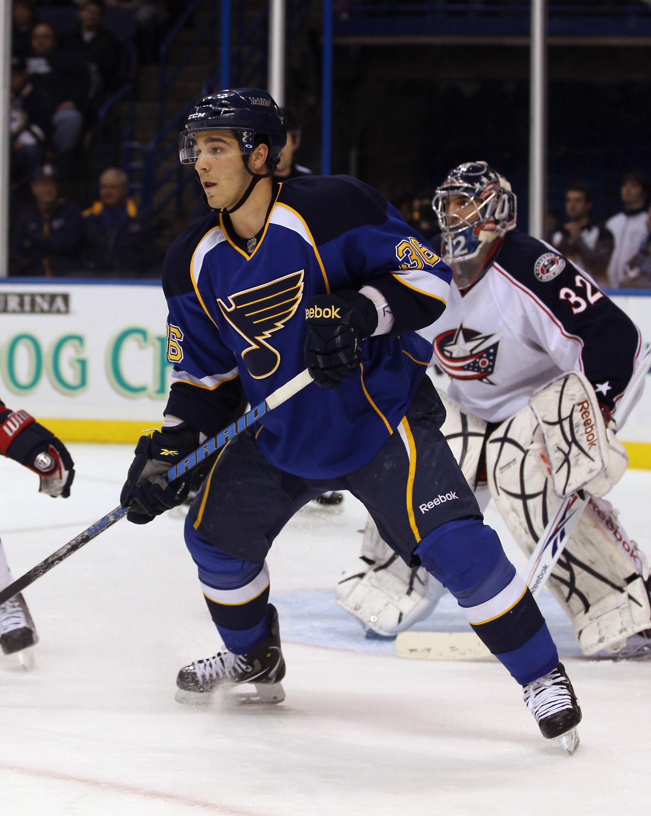 ST LOUIS, MO - DECEMBER 09:  Matt D'Agostini #36 of the St. Louis Blues skates against the Columbus Blue Jackets at the Scottrade Center on December 9, 2010 in St Louis, Missouri. The Blues defeated The Blue Jackets 4-1.  (Photo by Bruce Bennett/Getty Ima
