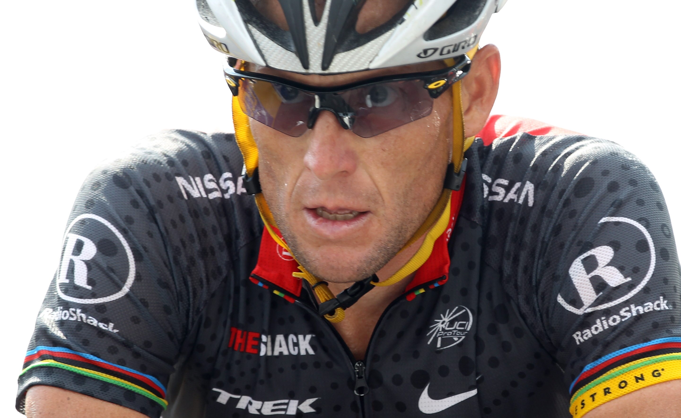 MORZINE-AVORIAZ, FRANCE - JULY 11:  Lance Armstrong of the USA and Team Radio Shack crosses the finish line on stage eight of the 2010 Tour de France from Station des Rousses to Morzine-Avoriaz on July 11, 2010 in Morzine-Avoriaz, France.  (Photo by Bryn 