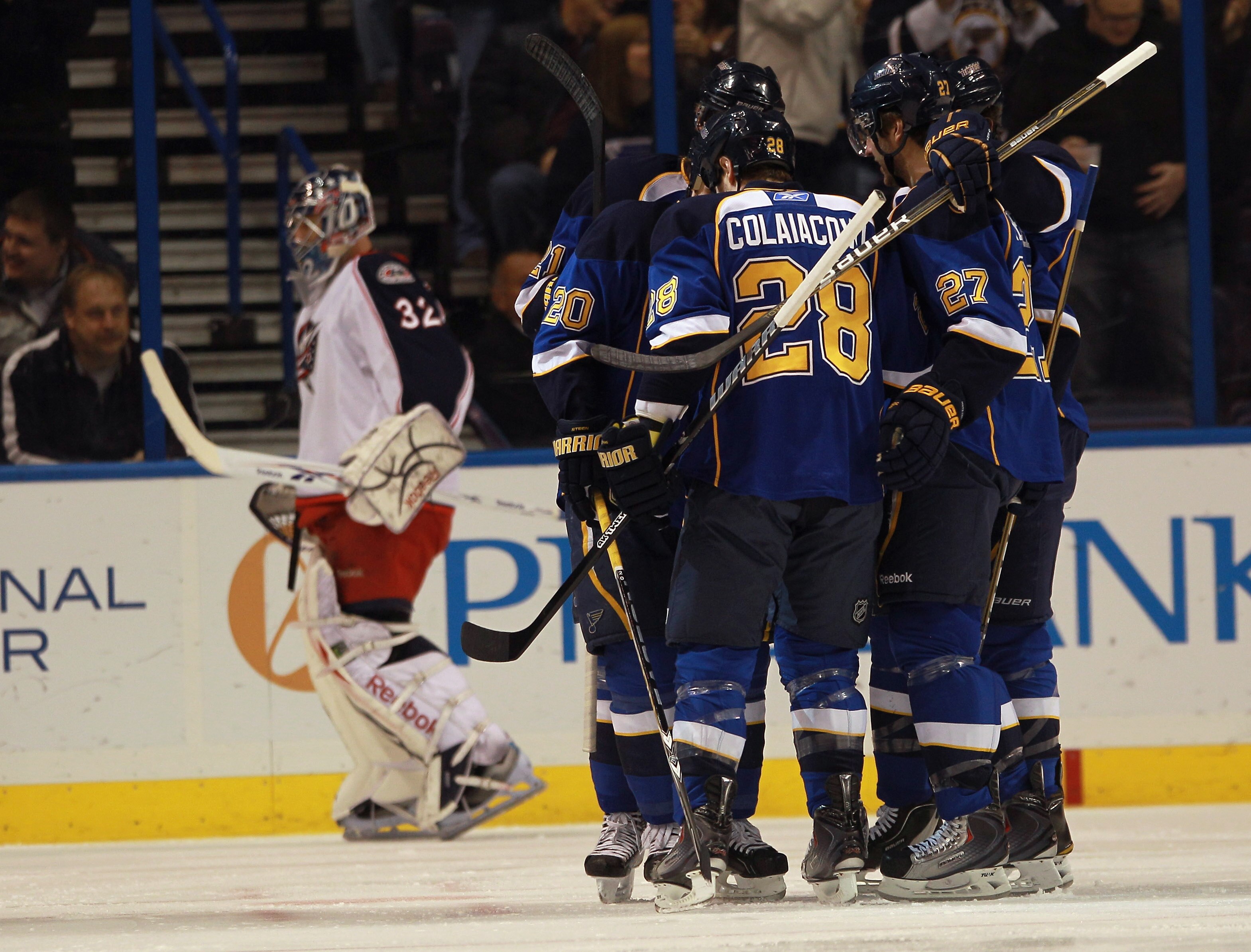ST LOUIS, MO - DECEMBER 09:  Alexander Steen #20 of the St. Louis Blues opens the scoring with a power play goal at 1:14 of the first period against the Columbus Blue Jackets at the Scottrade Center on December 9, 2010 in St Louis, Missouri.  (Photo by Br
