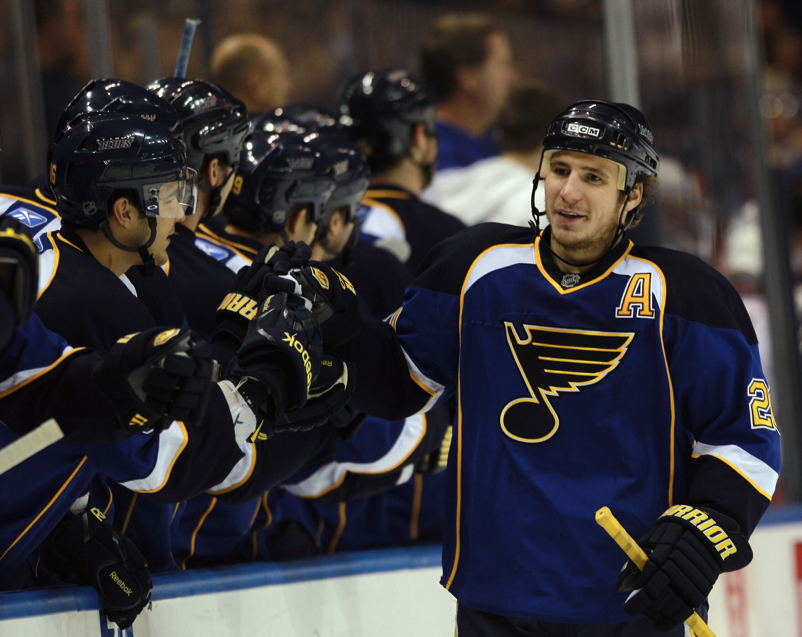 ST LOUIS, MO - DECEMBER 09: Alexander Steen #20 of the St. Louis Blues opens the scoring with a power play goal at 1:14 of the first period against the Columbus Blue Jackets at the Scottrade Center on December 9, 2010 in St Louis, Missouri. (Photo by Bruc