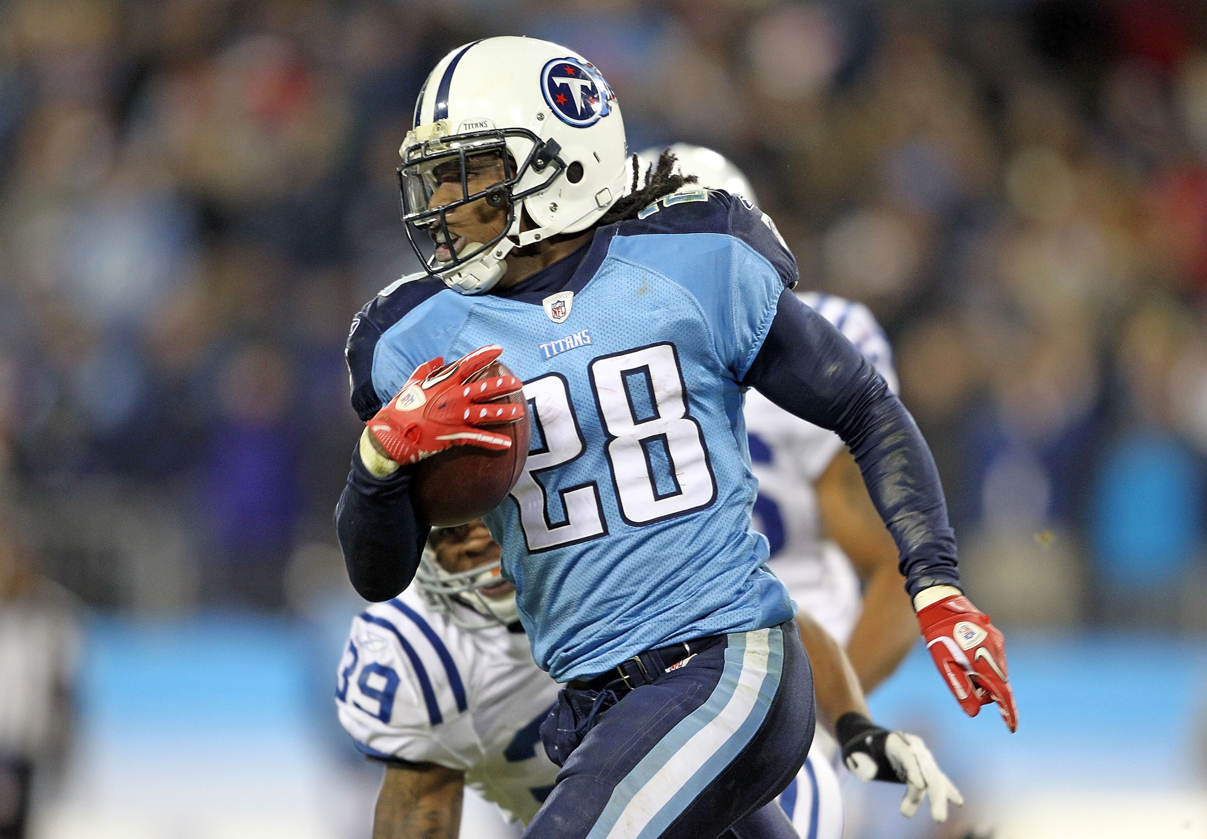 NASHVILLE, TN - DECEMBER 09: Chris Johnson #28 of the Tennessee Titans runs with the ball against the Indianapolis Colts during the NFL game at LP Field on December 9, 2010 in Nashville, Tennessee. (Photo by Andy Lyons/Getty Images) NASHVILLE, TN - DECEMBER 09: Chris Johnson #28 of the Tennessee Titans runs with the ball against the Indianapolis Colts during the NFL game at LP Field on December 9, 2010 in Nashville, Tennessee. (Photo by Andy Lyons/Getty Images)