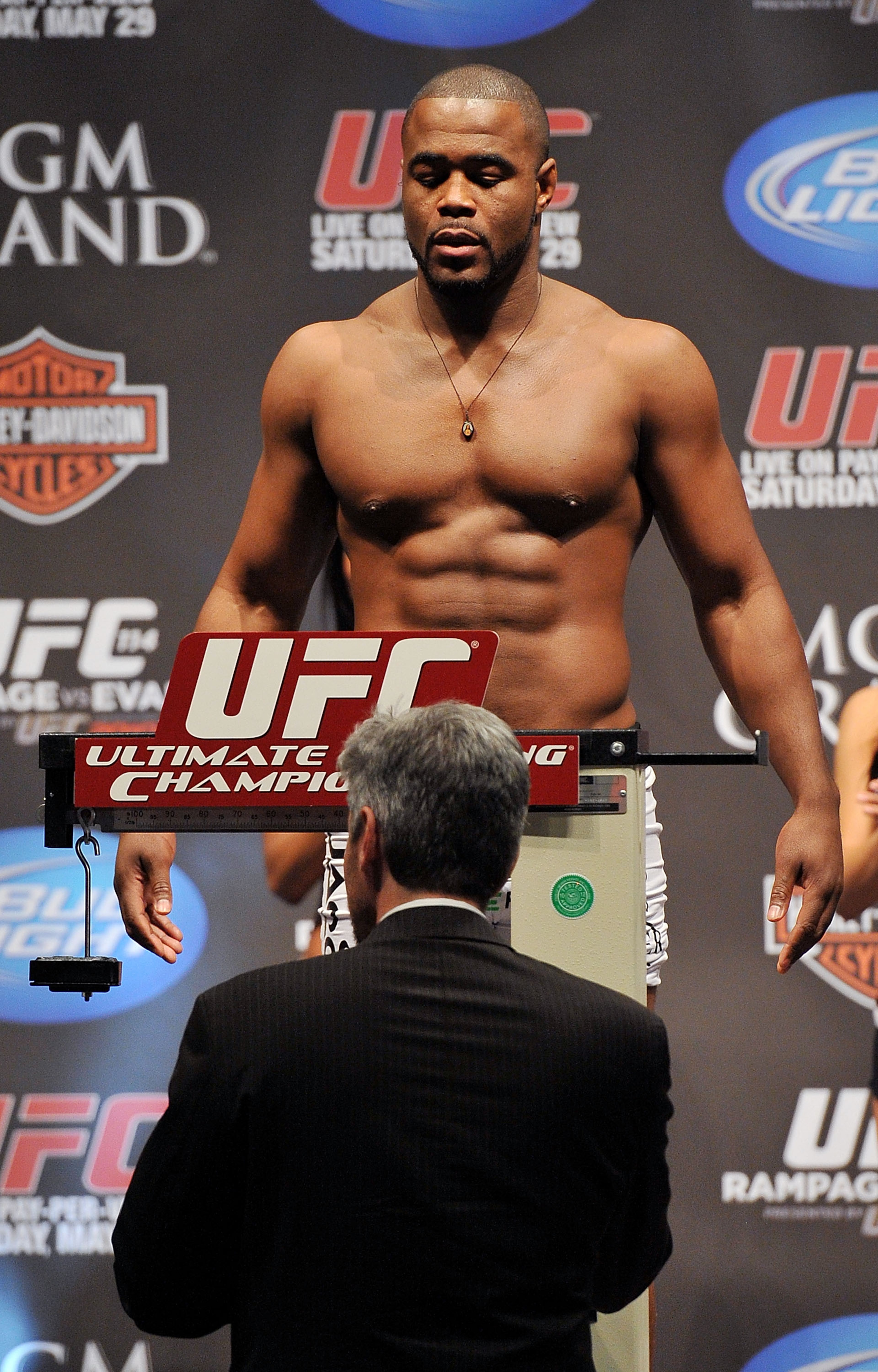 LAS VEGAS - MAY 28: UFC fighter Rashad Evans weighs in for his fight against UFC fighter Quinton 'Rampage' Jackson at UFC 114: Rampage versus Rashad at the Mandalay Bay Hotel on May 28, 2010 in Las Vegas, Nevada. (Photo by Jon Kopaloff/Getty Images) LAS VEGAS - MAY 28: UFC fighter Rashad Evans weighs in for his fight against UFC fighter Quinton 'Rampage' Jackson at UFC 114: Rampage versus Rashad at the Mandalay Bay Hotel on May 28, 2010 in Las Vegas, Nevada. (Photo by Jon Kopaloff/Getty Images)