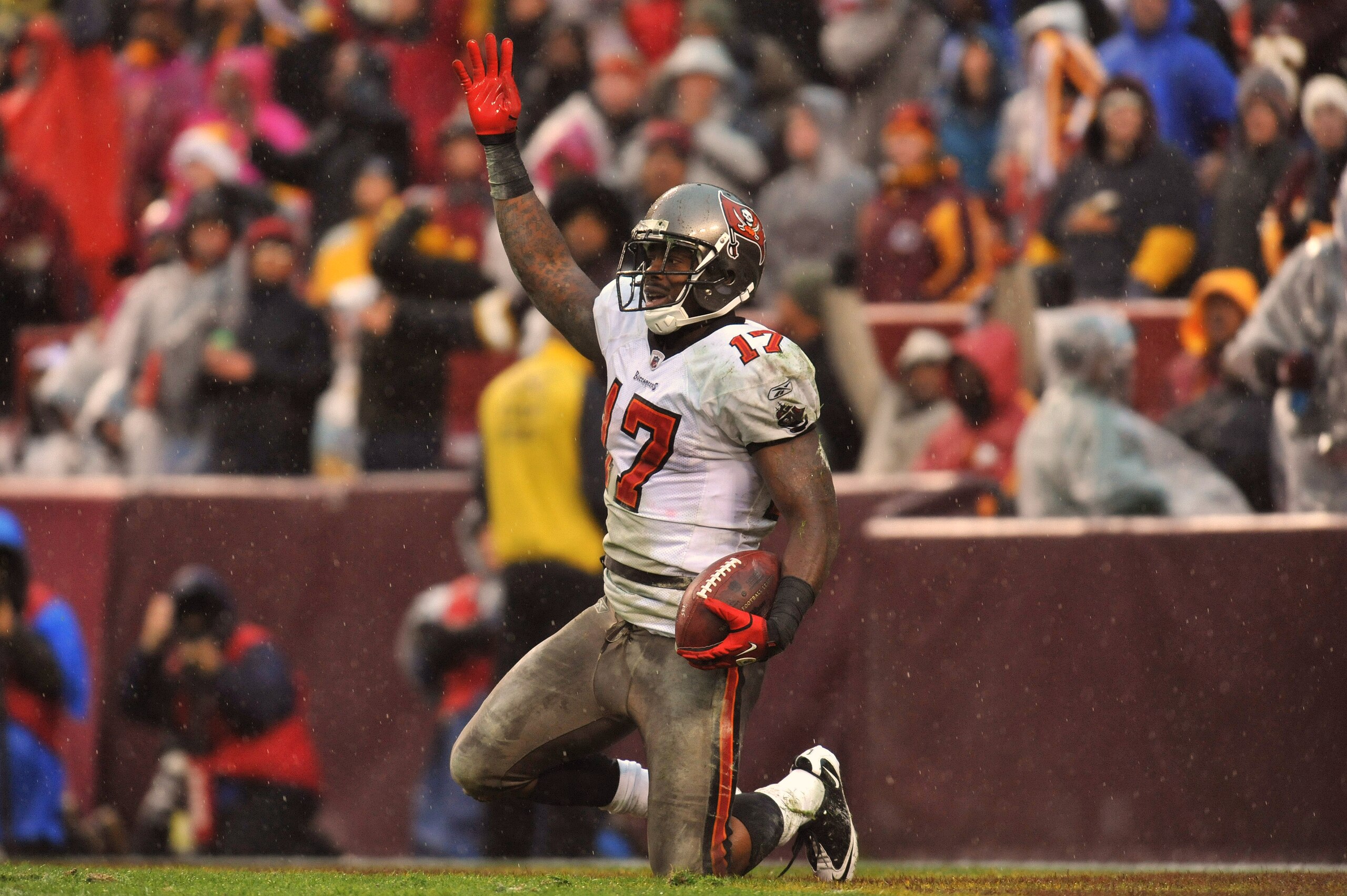 LANDOVER, MD - DECEMBER 12:  Arrelious Benn #17 of the Tampa Bay Buccaneers celebrates a late game touchdown against the Washington Redskins at FedExField on December 12, 2010 in Landover, Maryland. The Buccaneers defeated the Redskins 17-16. (Photo by La