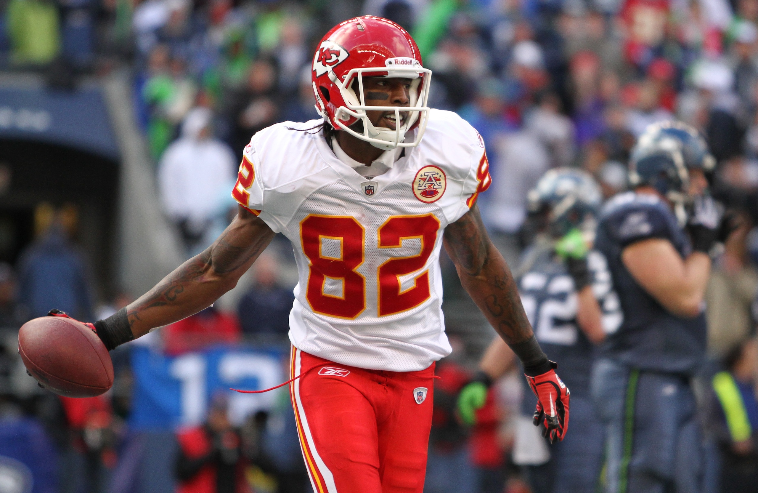 SEATTLE, WA - NOVEMBER 28:  Wide receiver Dwayne Bowe #82 of the Kansas City Chiefs heads back to the bench after scoring a touchdown against the Seattle Seahawks to take a 20-7 lead at Qwest Field on November 28, 2010 in Seattle, Washington. The Chiefs d